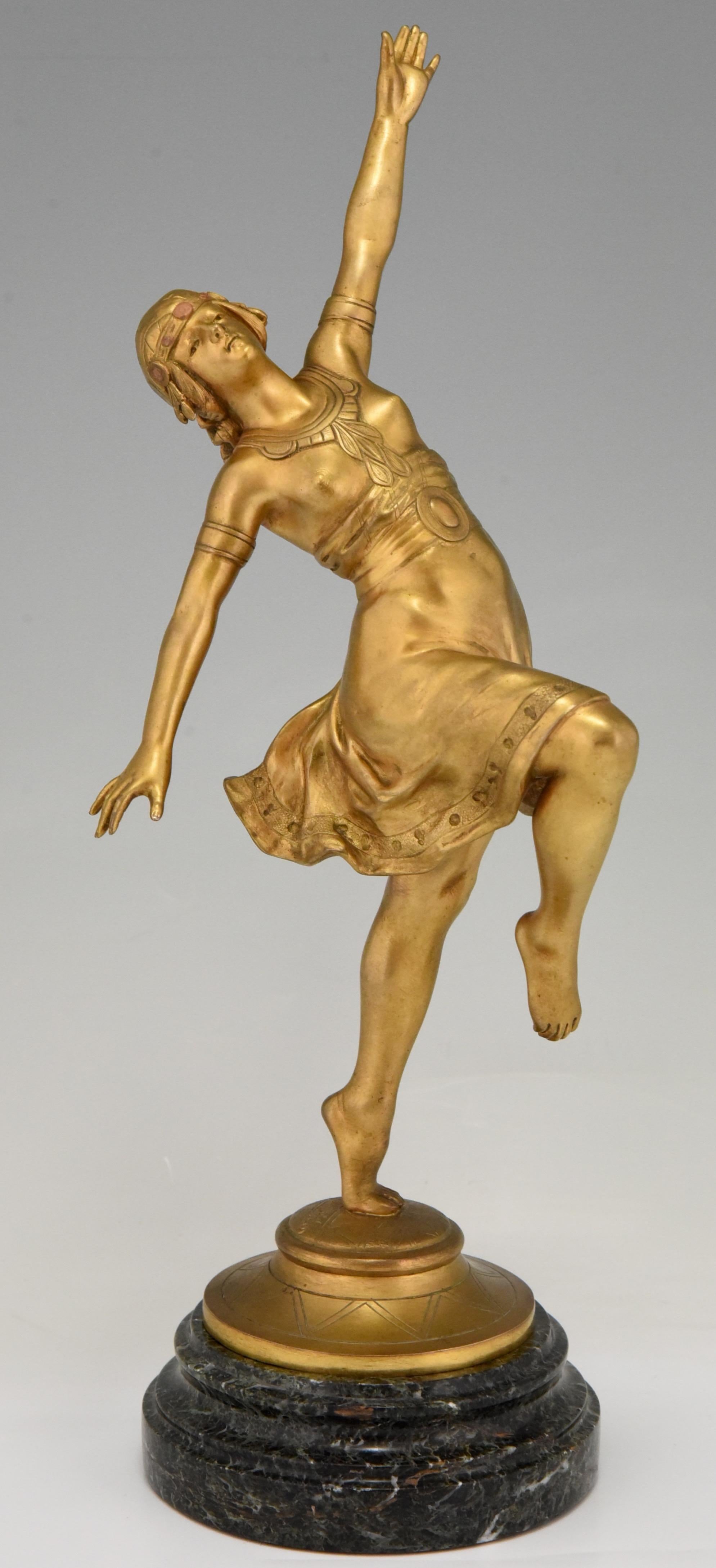 Art Nouveau bronze sculpture of an Oriental dancer. 
By the sculptor Jean Garnier, born in France in 1853.
With Founders signature of C. Villain. 
The sculpture has a gilt patina and stands on a circular marble base.