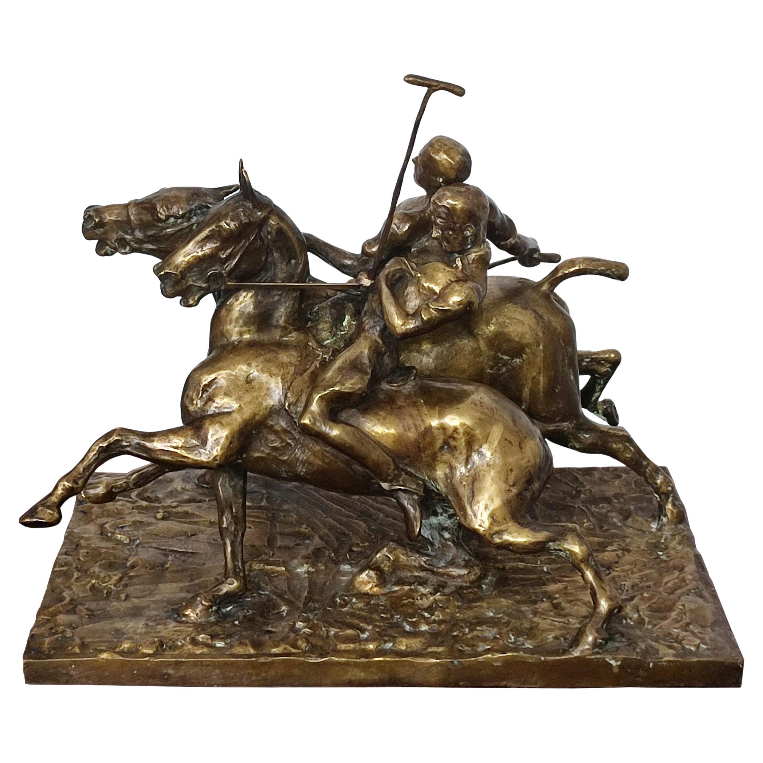 Scultura in bronzo Art Nouveau "Giocatori di Polo" di Fred Voelckerling, 1919