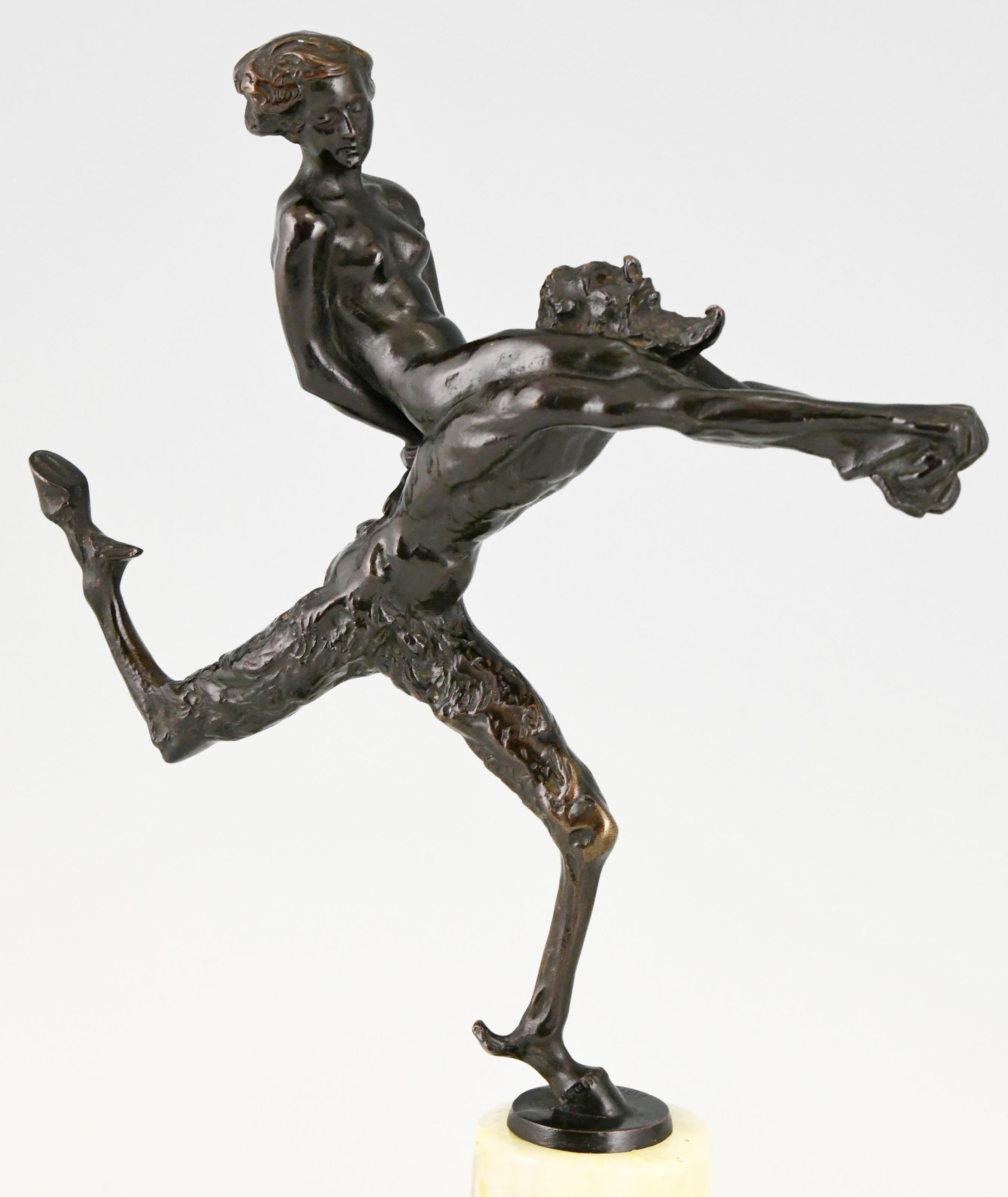 Art Nouveau Bronze Sculpture Satyr and Nude Hans Piffrader, ca. 1900 3