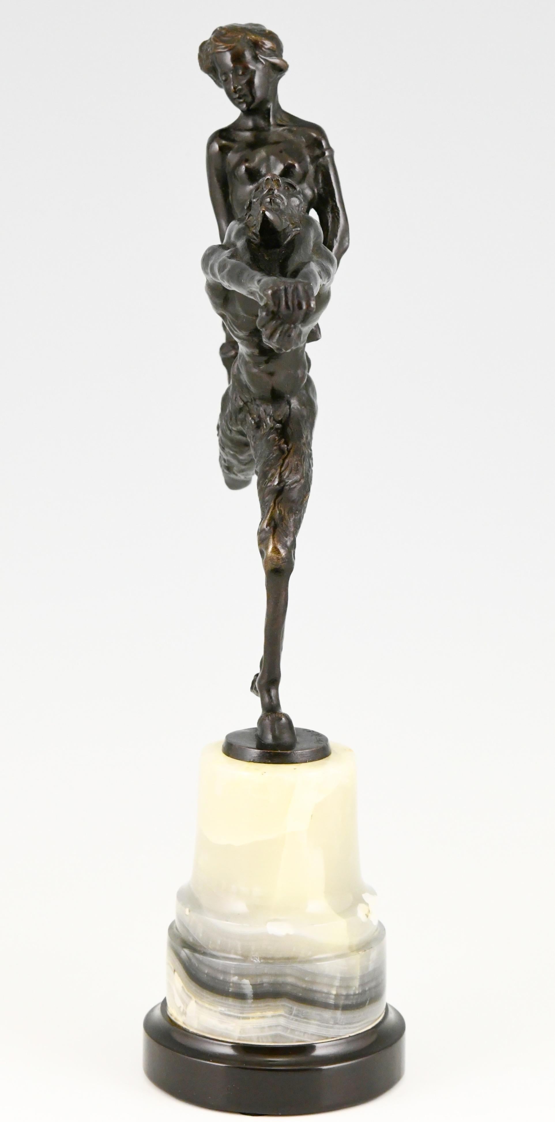 Patinated Art Nouveau Bronze Sculpture Satyr and Nude Hans Piffrader, ca. 1900