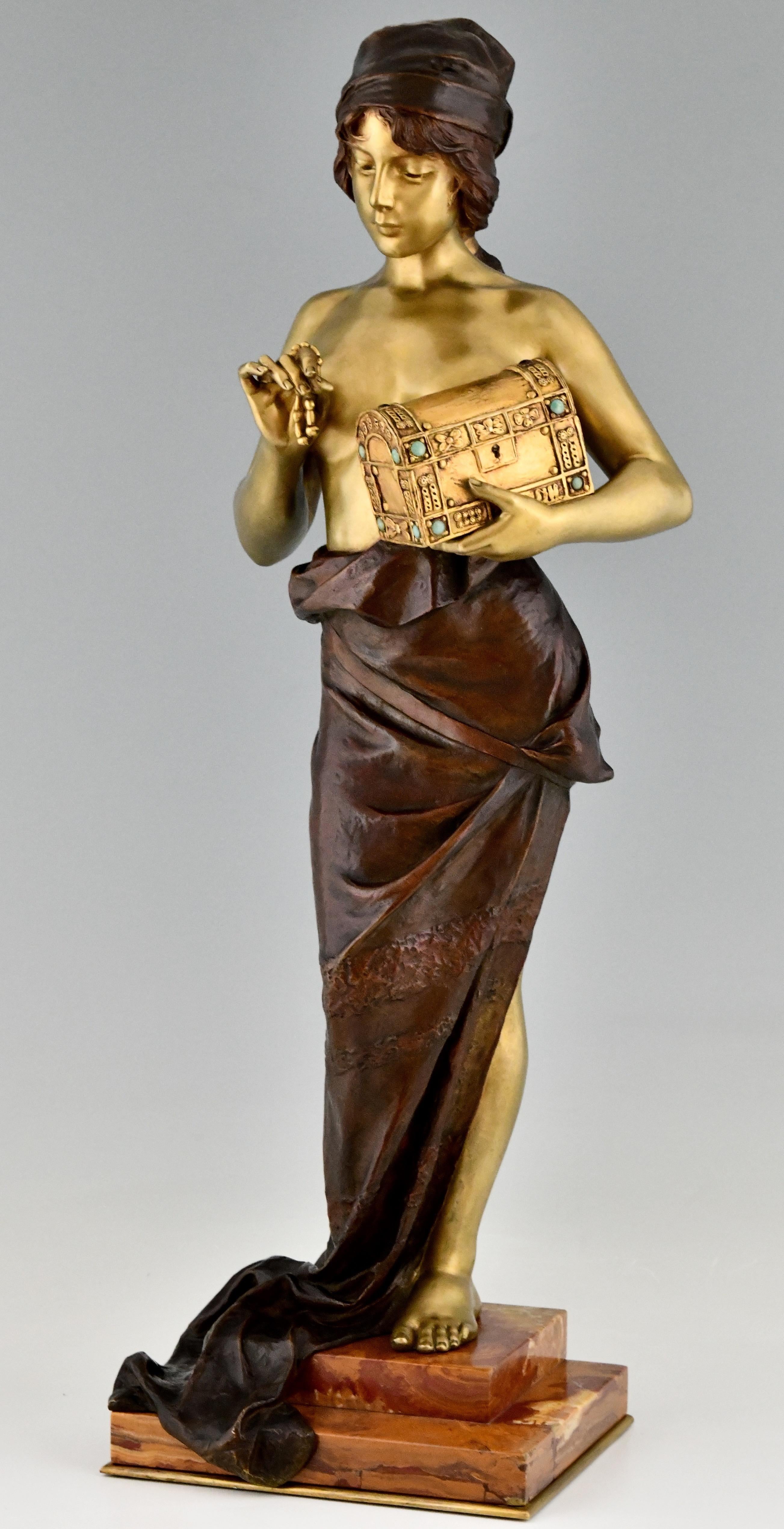 Art Nouveau Bronze Sculpture Standing Lady with Jewelry Casket E. Villanis 1900 2