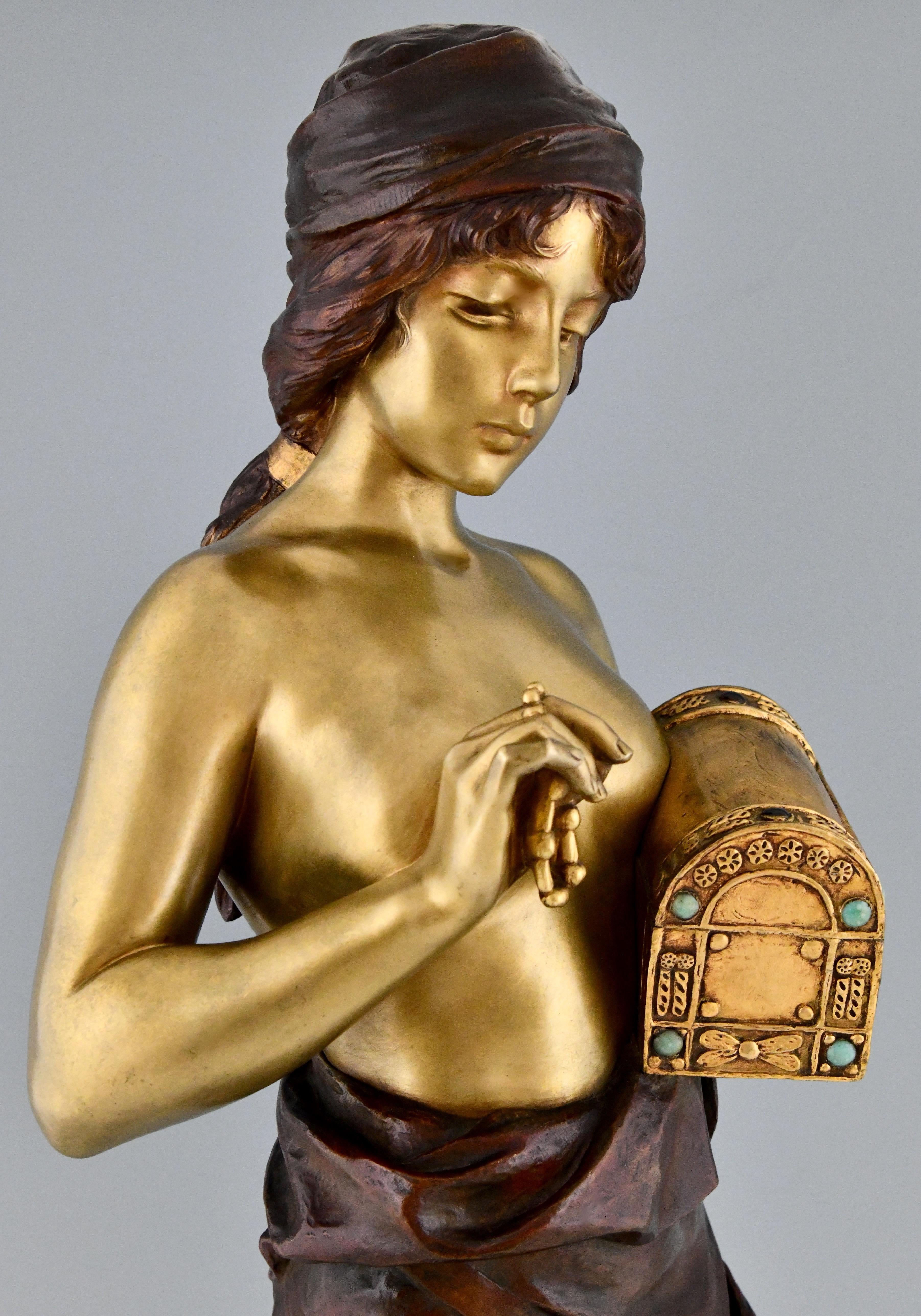 Art Nouveau Bronze Sculpture Standing Lady with Jewelry Casket E. Villanis 1900 3