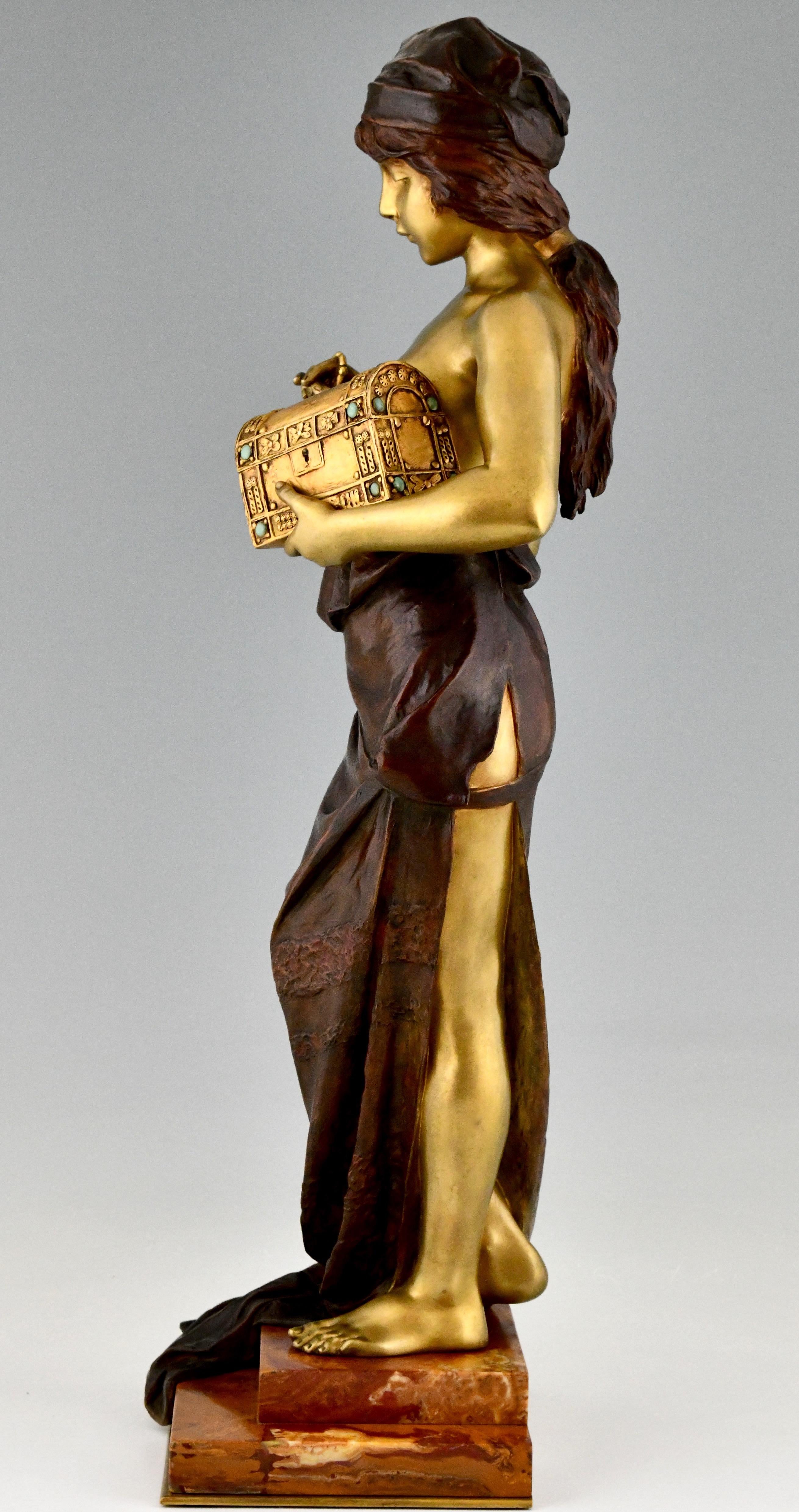 French Art Nouveau Bronze Sculpture Standing Lady with Jewelry Casket E. Villanis 1900