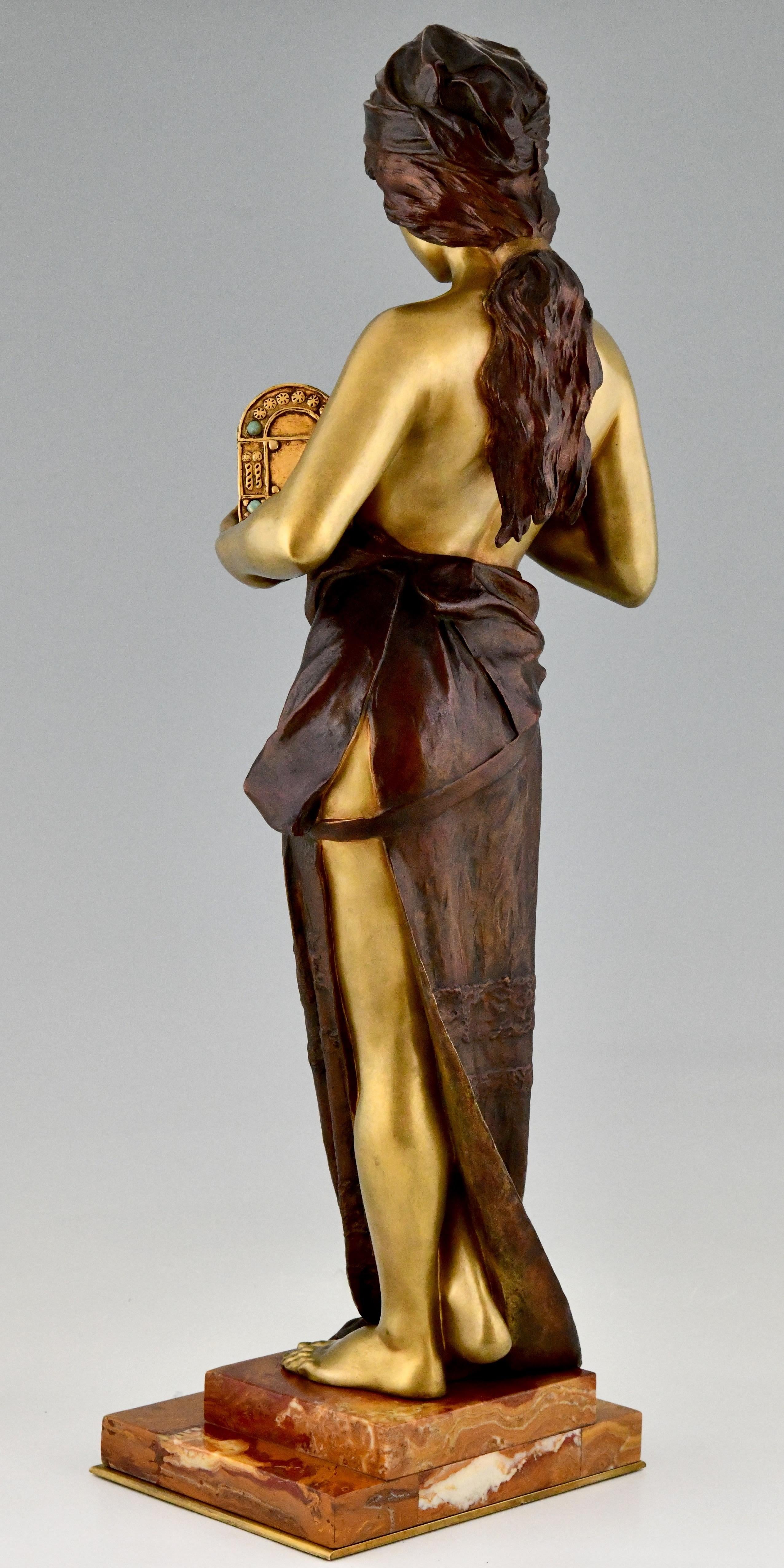 Patinated Art Nouveau Bronze Sculpture Standing Lady with Jewelry Casket E. Villanis 1900
