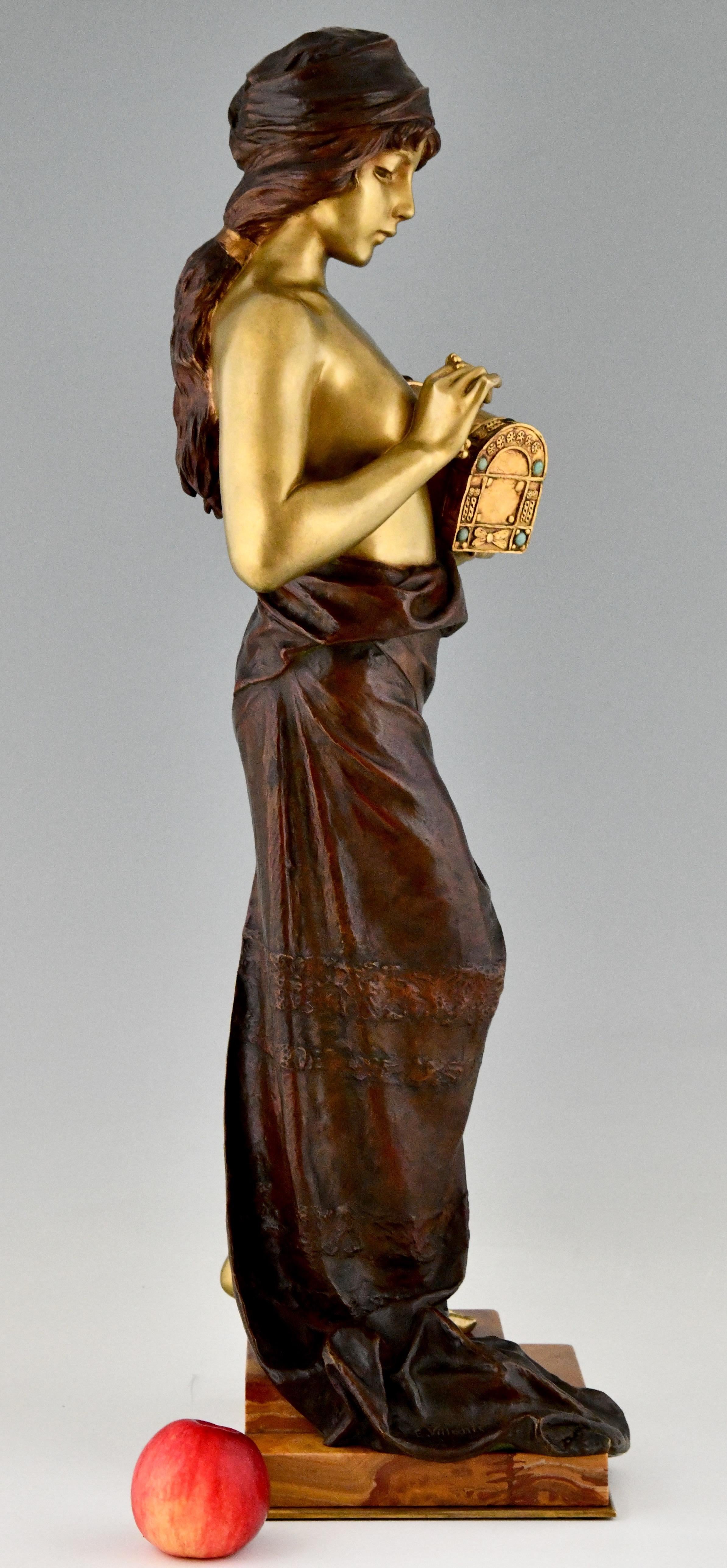 Early 20th Century Art Nouveau Bronze Sculpture Standing Lady with Jewelry Casket E. Villanis 1900