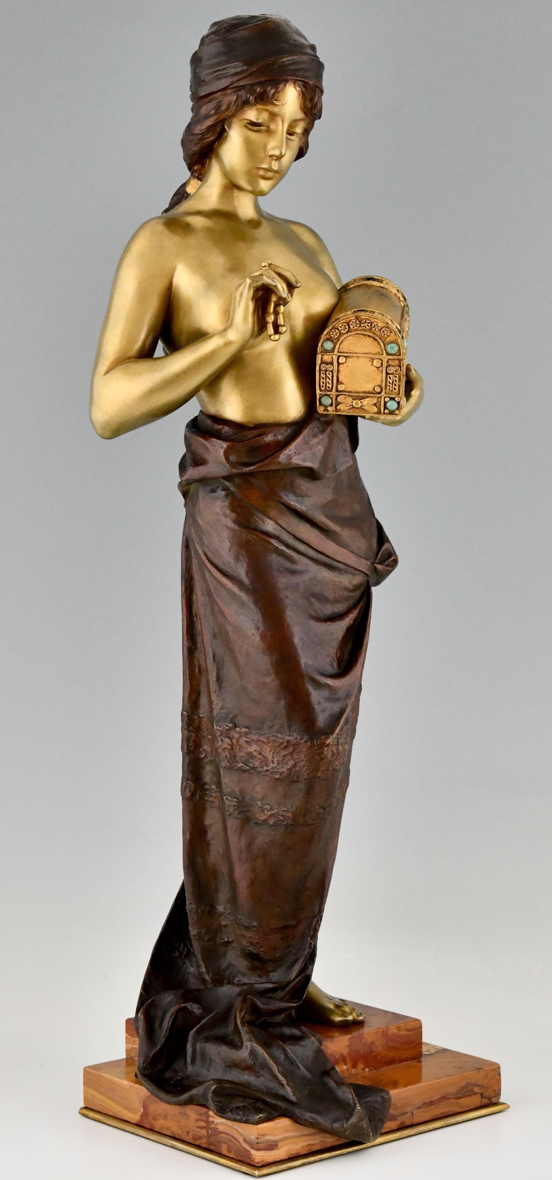 Marble Art Nouveau Bronze Sculpture Standing Lady with Jewelry Casket E. Villanis 1900