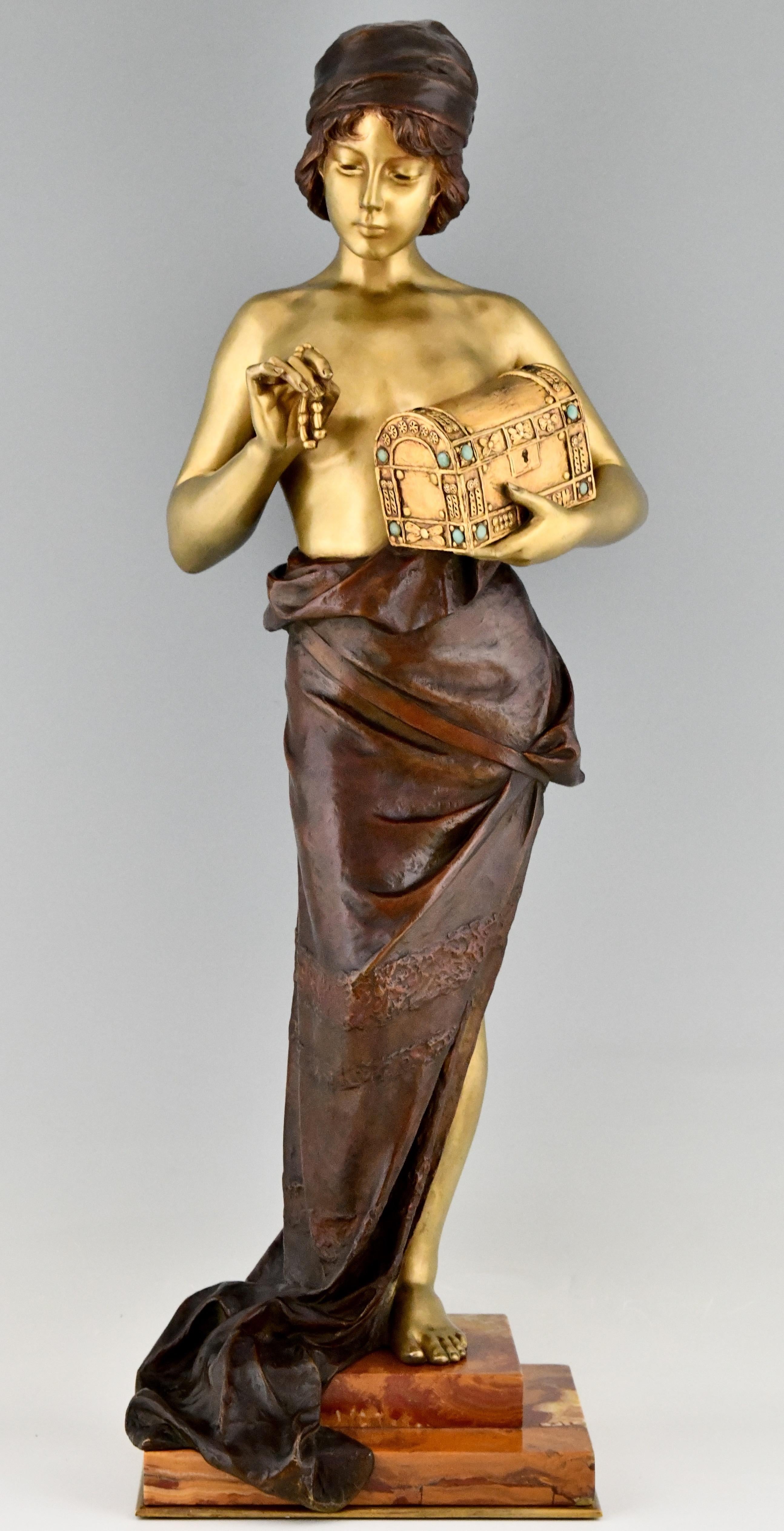 Art Nouveau Bronze Sculpture Standing Lady with Jewelry Casket E. Villanis 1900 1