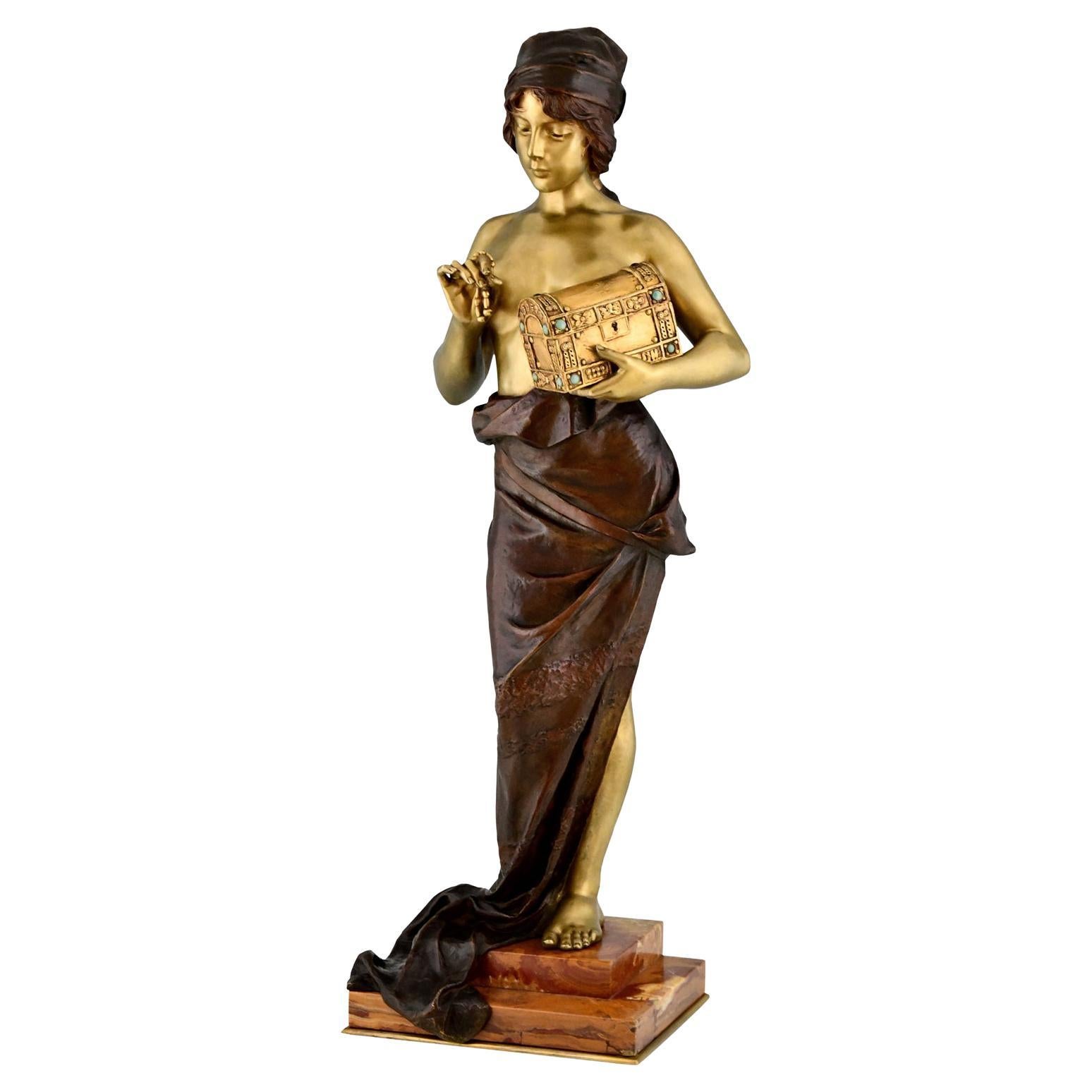 Art Nouveau Bronze Sculpture Standing Lady with Jewelry Casket E. Villanis 1900