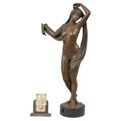 Art Nouveau Bronze, Sexy Woman on Black Marble Base, German, Signed & Dated 1910