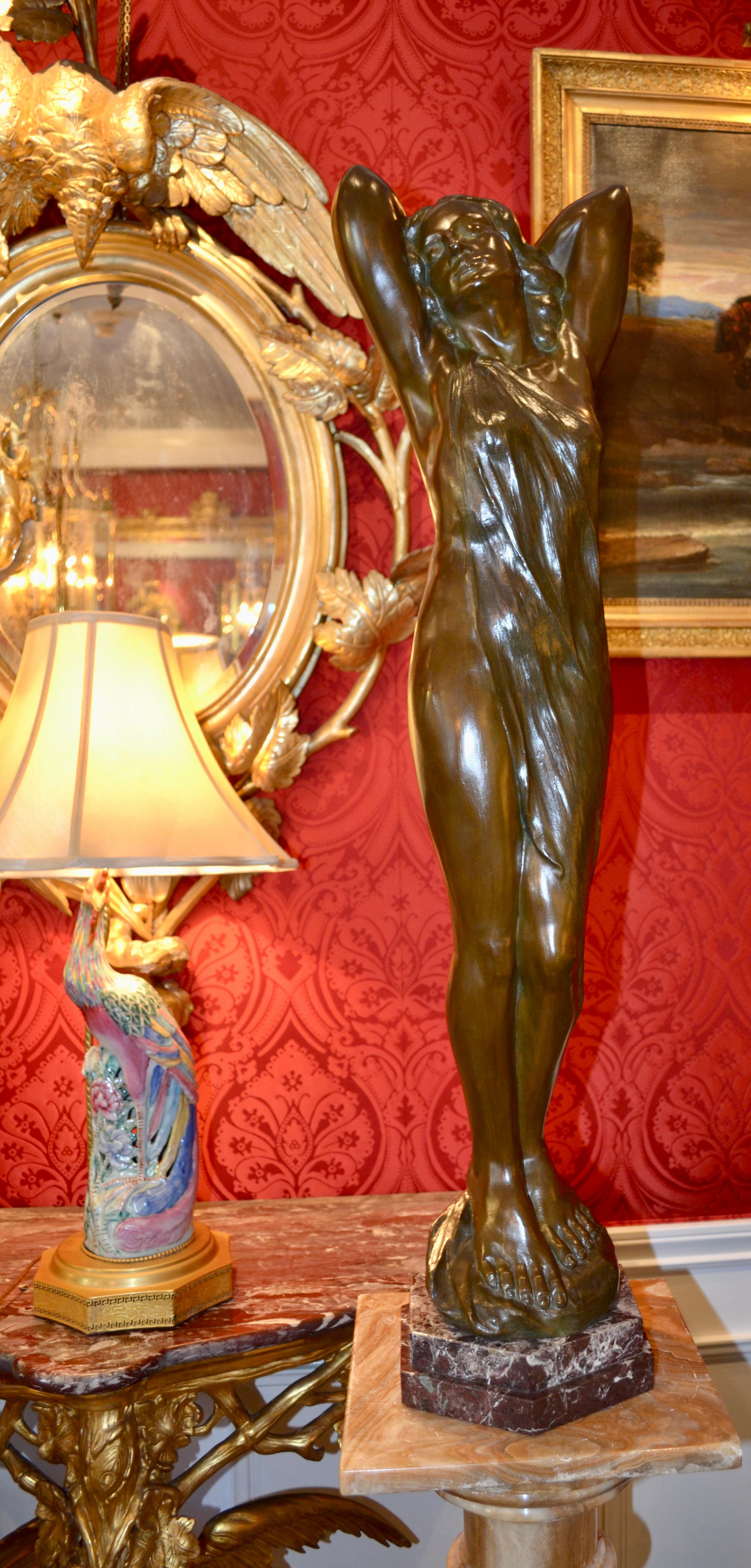 Art Nouveau Bronze Statue of a lightly draped Nude Woman by Sylvain Norga For Sale 6