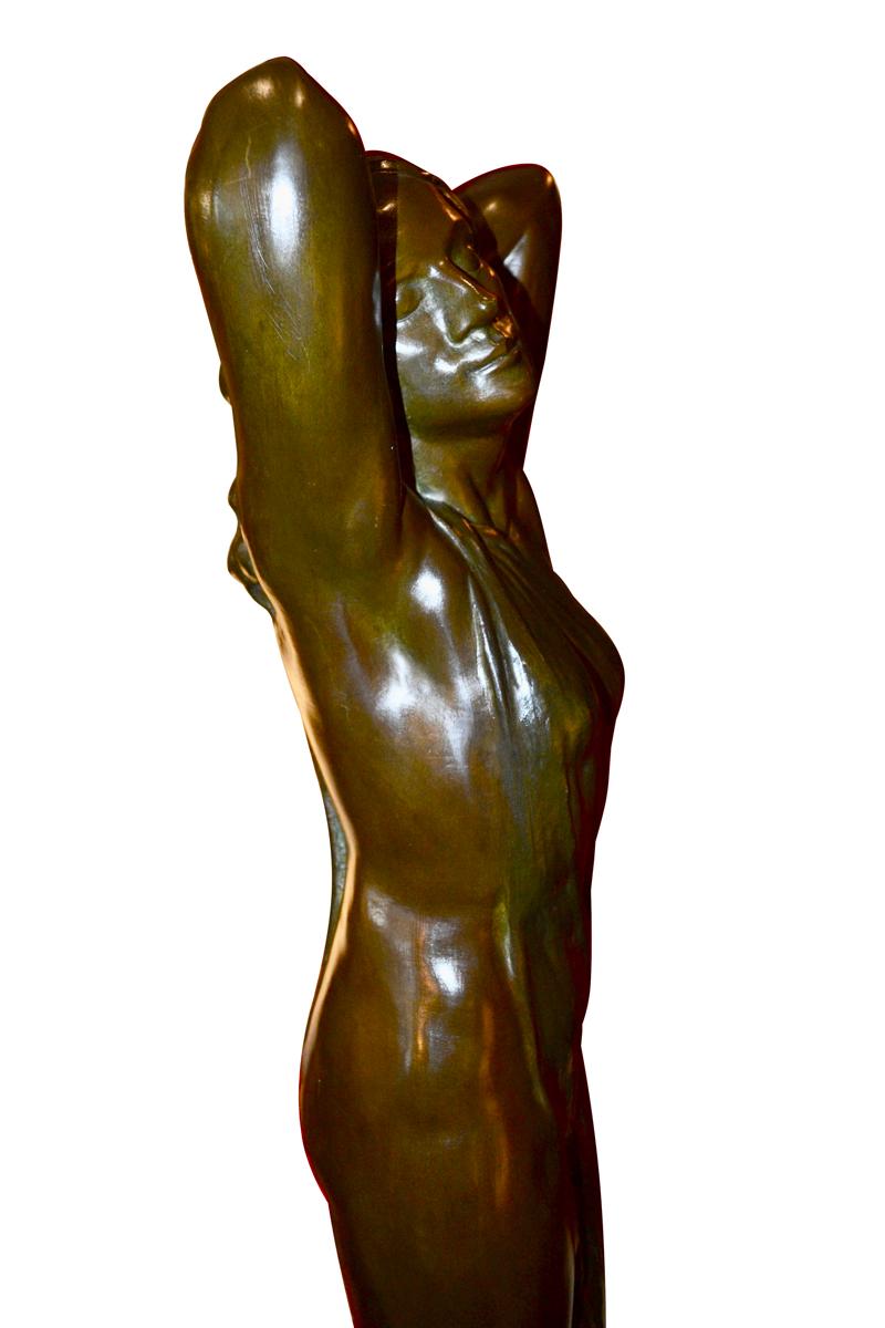 Hand-Carved Art Nouveau Bronze Statue of a lightly draped Nude Woman by Sylvain Norga For Sale