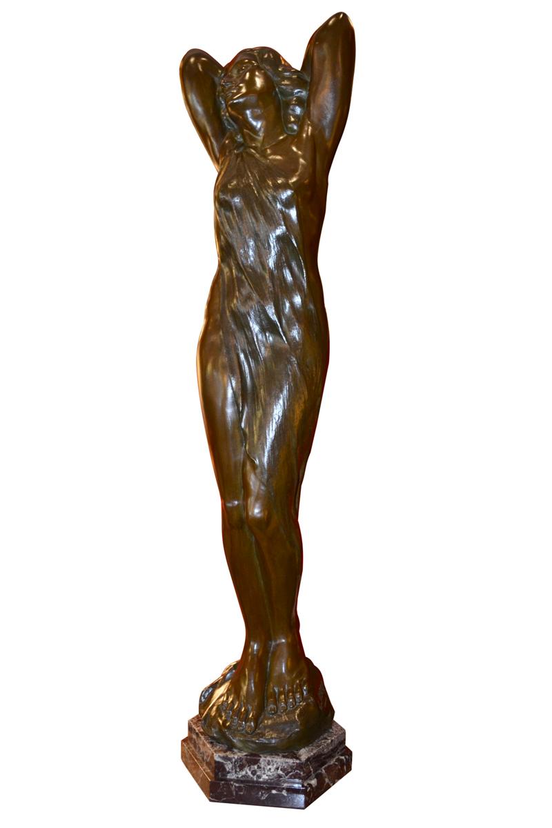 Art Nouveau Bronze Statue of a lightly draped Nude Woman by Sylvain Norga For Sale 1