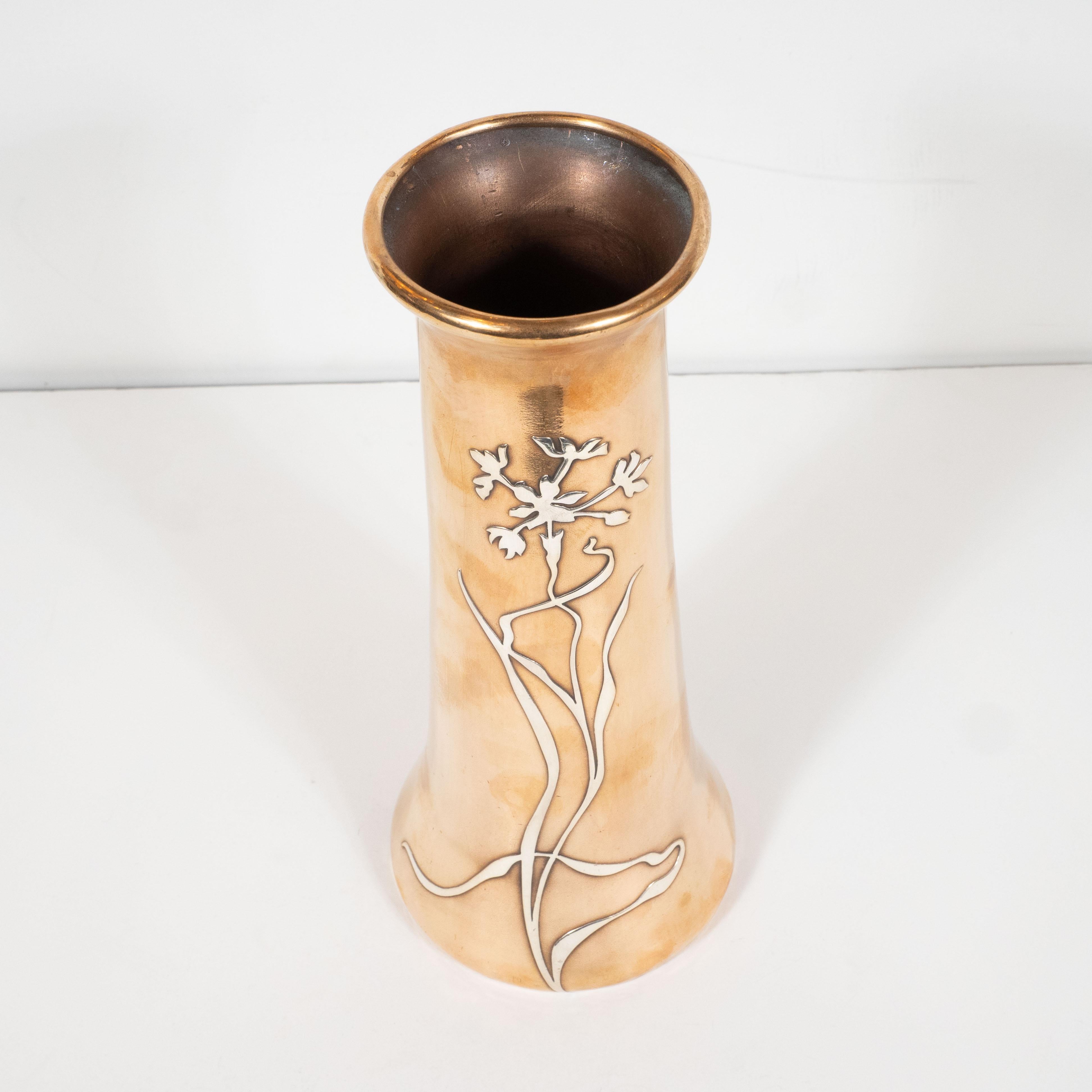Early 20th Century Art Nouveau Bronze and Sterling Silver Overlay Vase by Otto Heintz