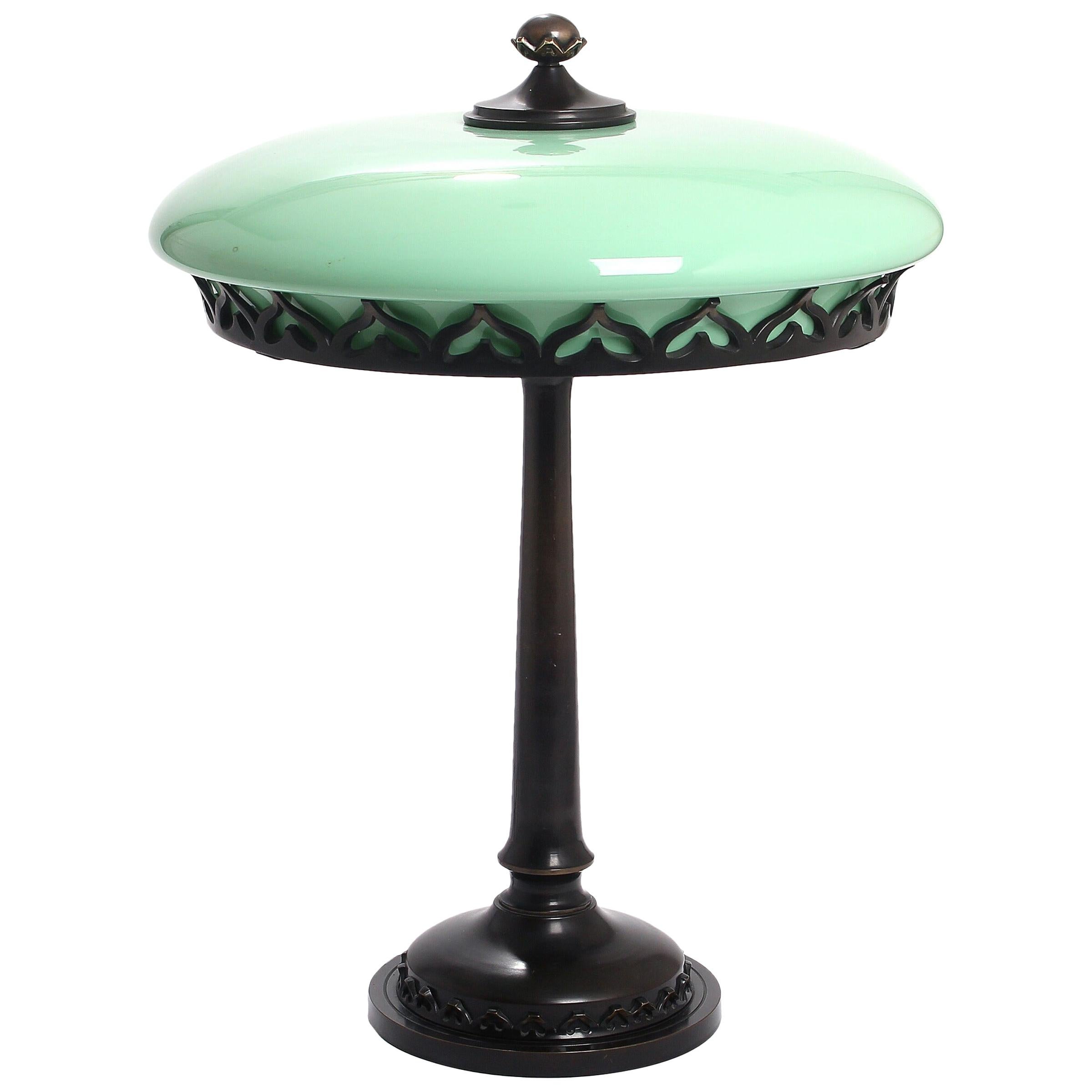 Art Nouveau Bronze Table Lamp with Mint Green Glass Screen For Sale
