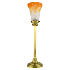 Art Nouveau Bronze Table Lamp with Orange Glass Shade Signed GV de Croismare