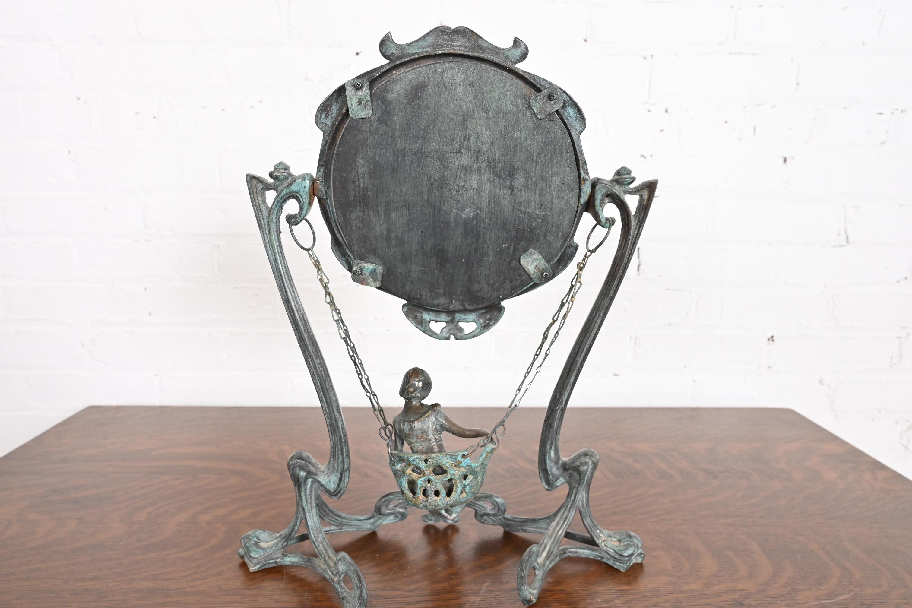 Art Nouveau Bronze Table Vanity Mirror With Lady on Swing, Circa 1910 For Sale 5