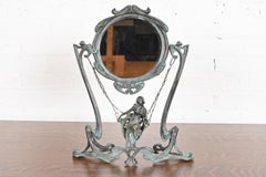 Art Nouveau Bronze Table Vanity Mirror With Lady on Swing, Circa 1910