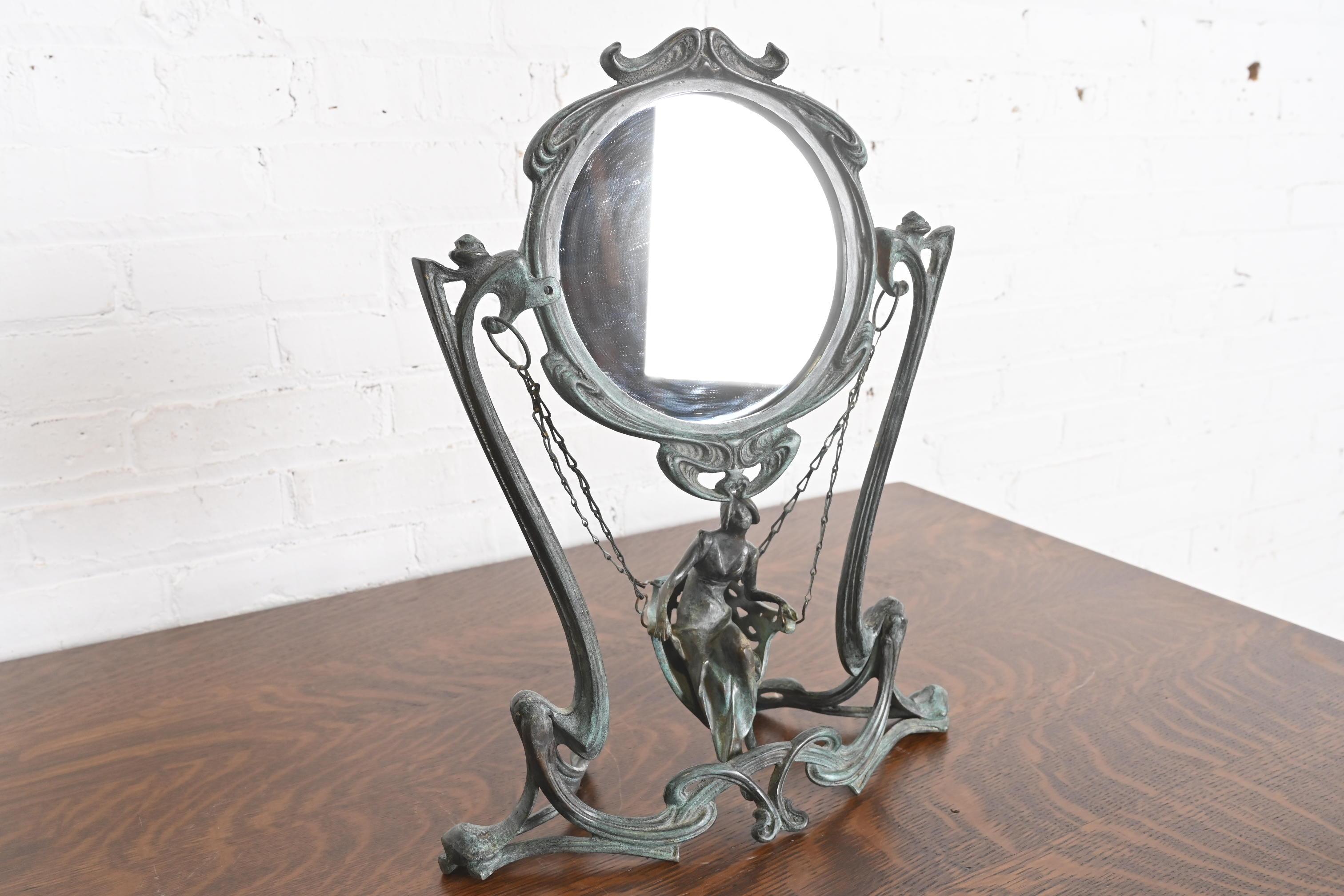 Art Nouveau Bronze Table Vanity Mirror With Lady on Swing, Circa 1910 In Good Condition For Sale In South Bend, IN