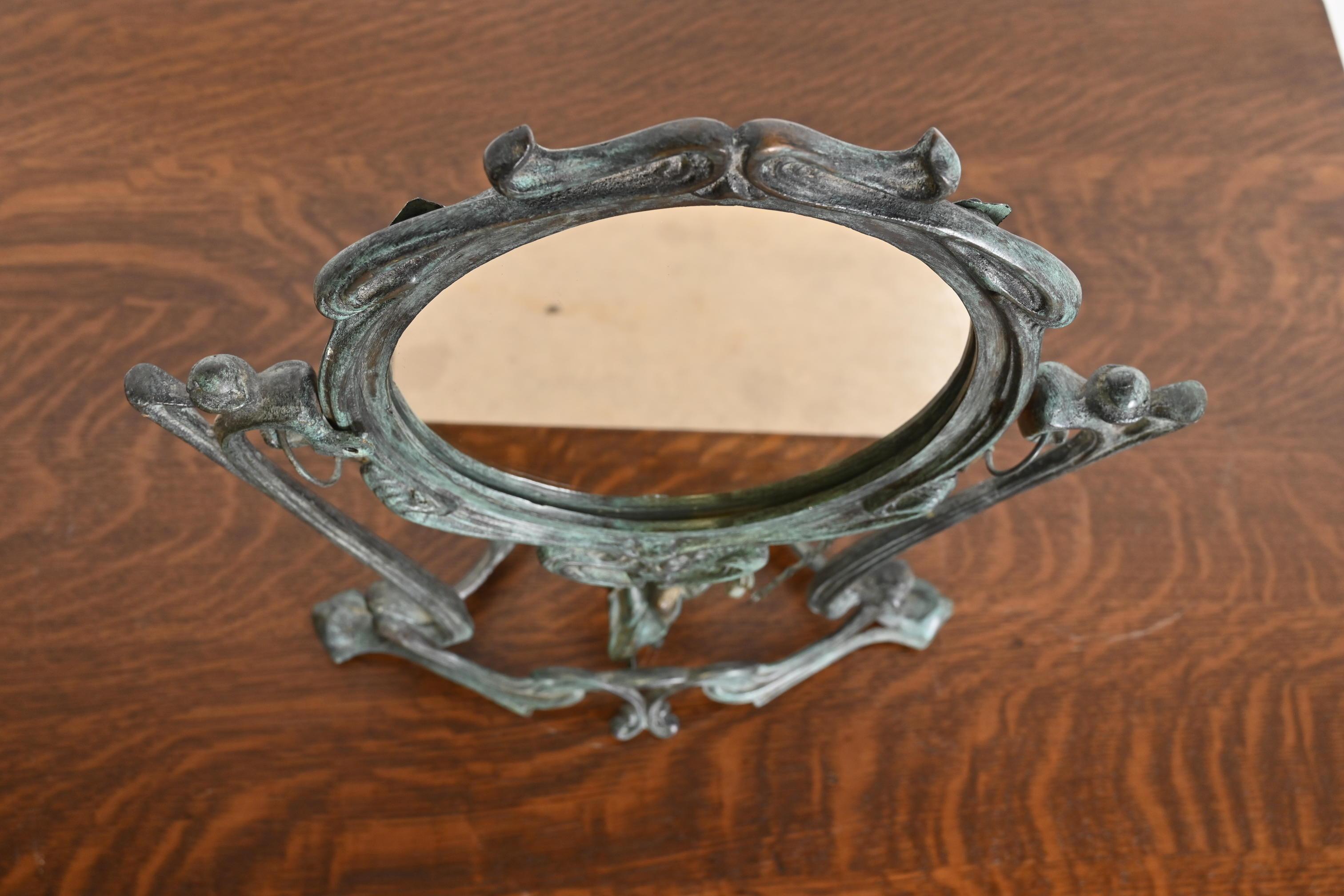 Art Nouveau Bronze Table Vanity Mirror With Lady on Swing, Circa 1910 For Sale 1