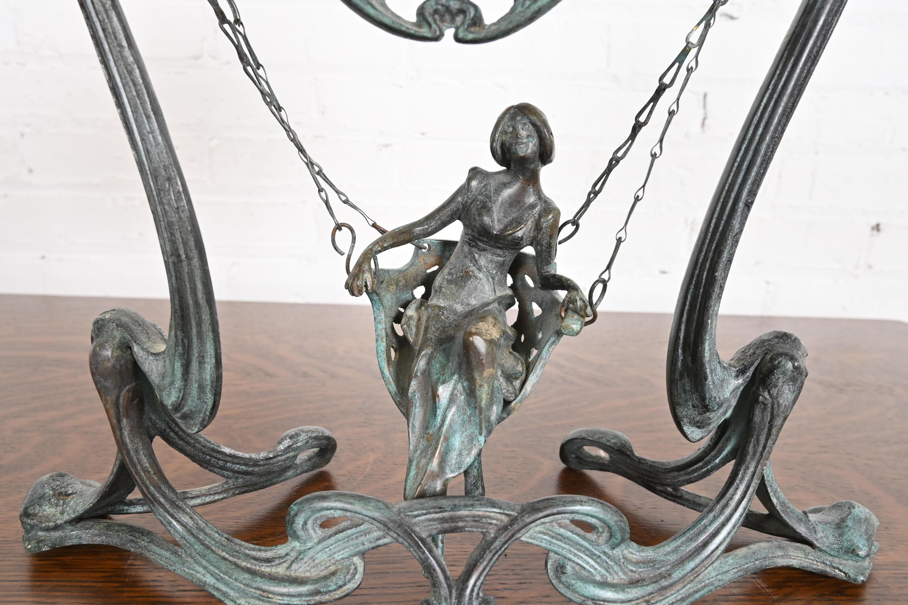 Art Nouveau Bronze Table Vanity Mirror With Lady on Swing, Circa 1910 For Sale 2