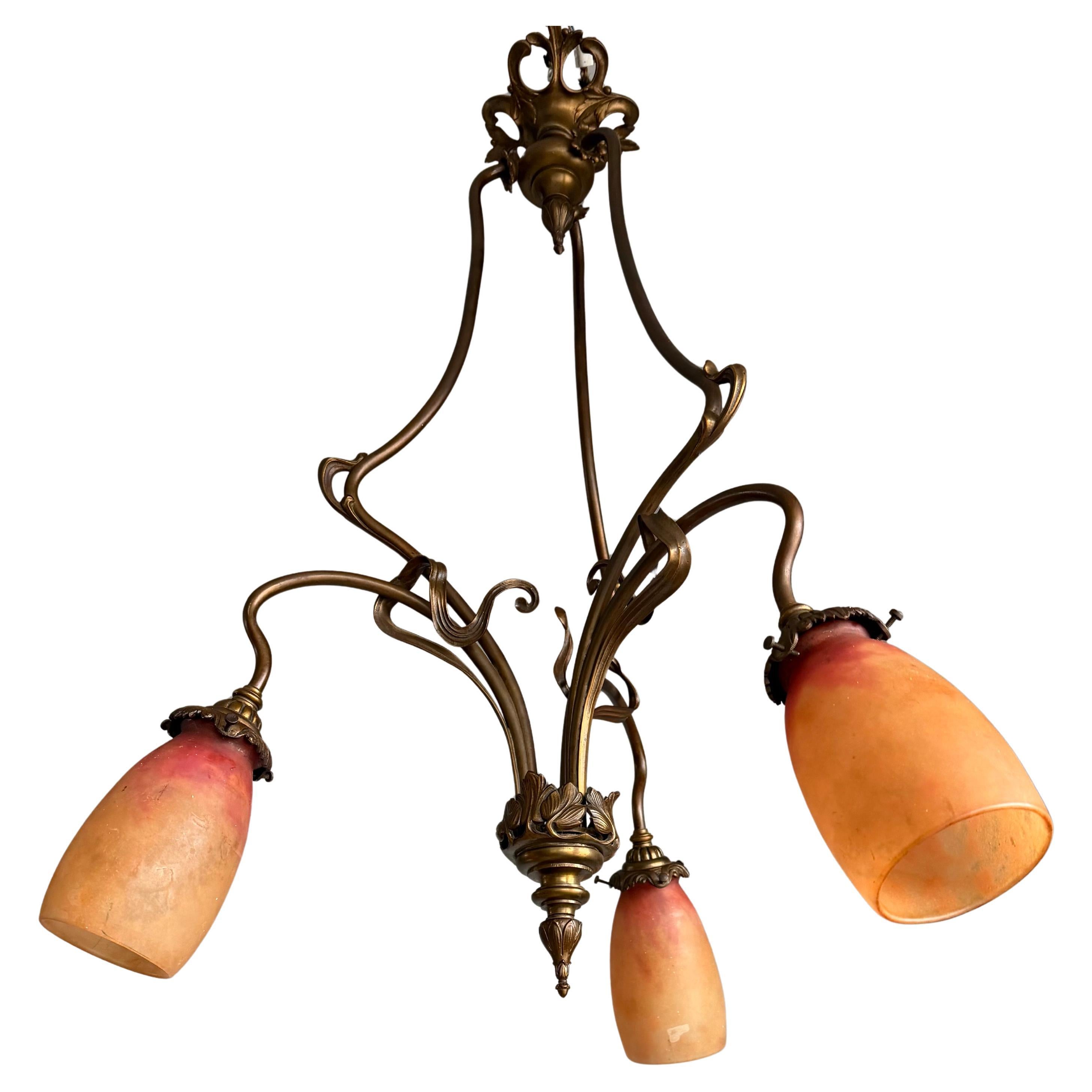 Art Nouveau Bronze Three-Light Chandelier with Signed Daum Nancy Glass Shades For Sale
