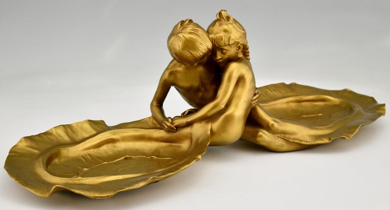 French Art Nouveau Bronze Tray with Young Couple Kissing Max Blondat Soit Foundry, 1900