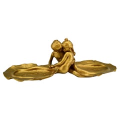 Art Nouveau Bronze Tray with Young Couple Kissing Max Blondat Soit Foundry, 1900