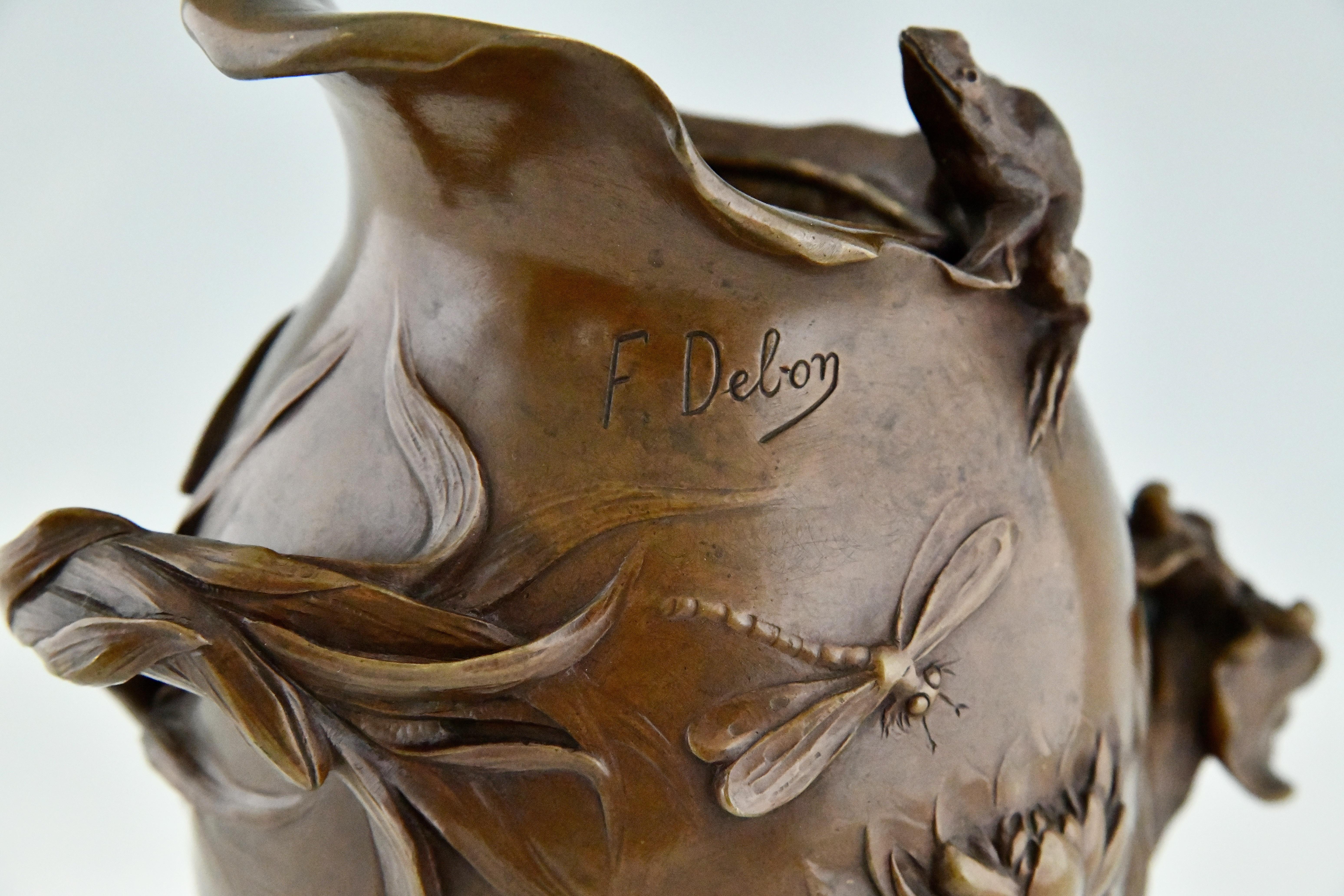 Art Nouveau Bronze Vase by Frederic Debon France 1902 Frog, Flowers En Dragonfly 5