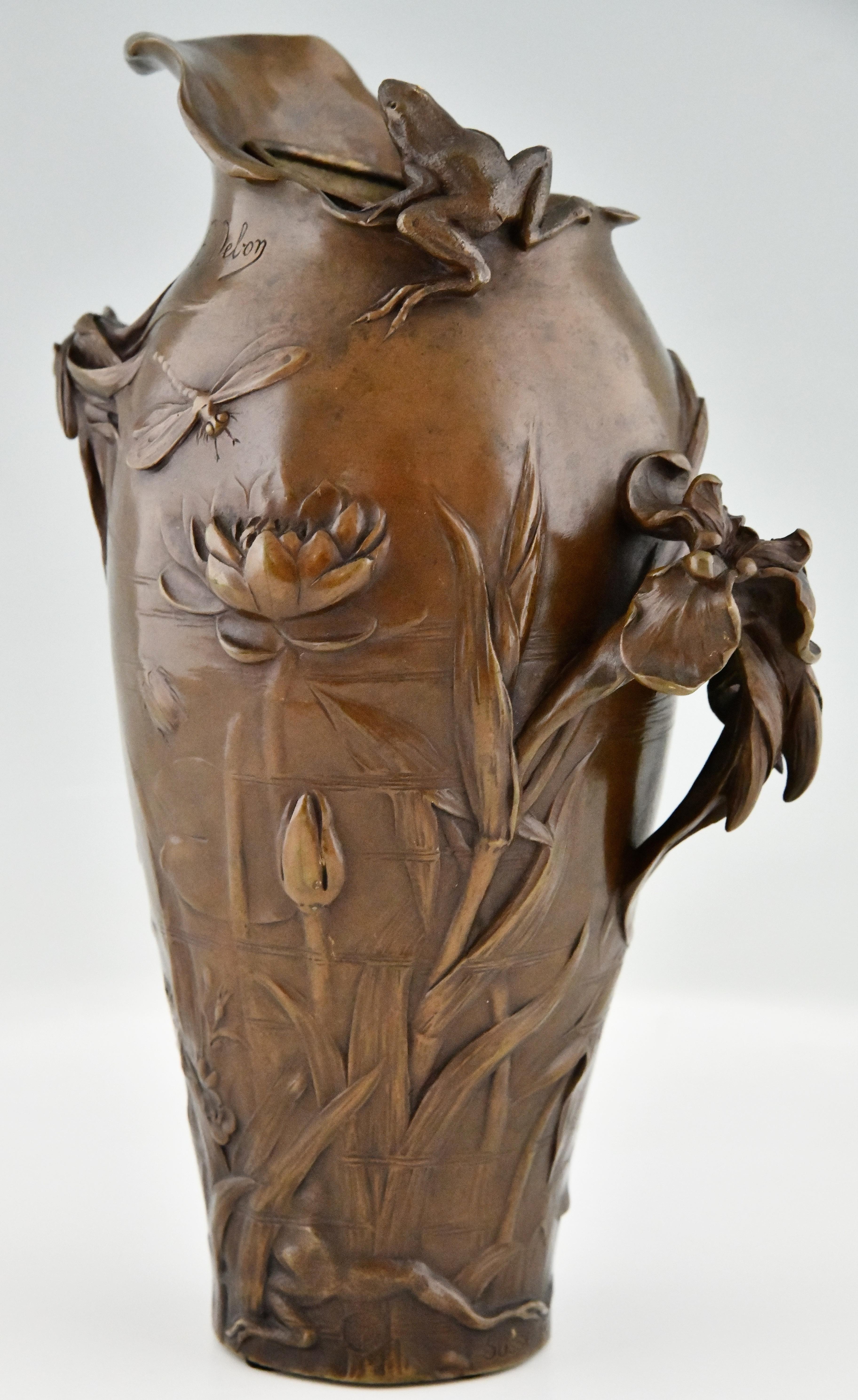 French Art Nouveau Bronze Vase by Frederic Debon France 1902 Frog, Flowers En Dragonfly