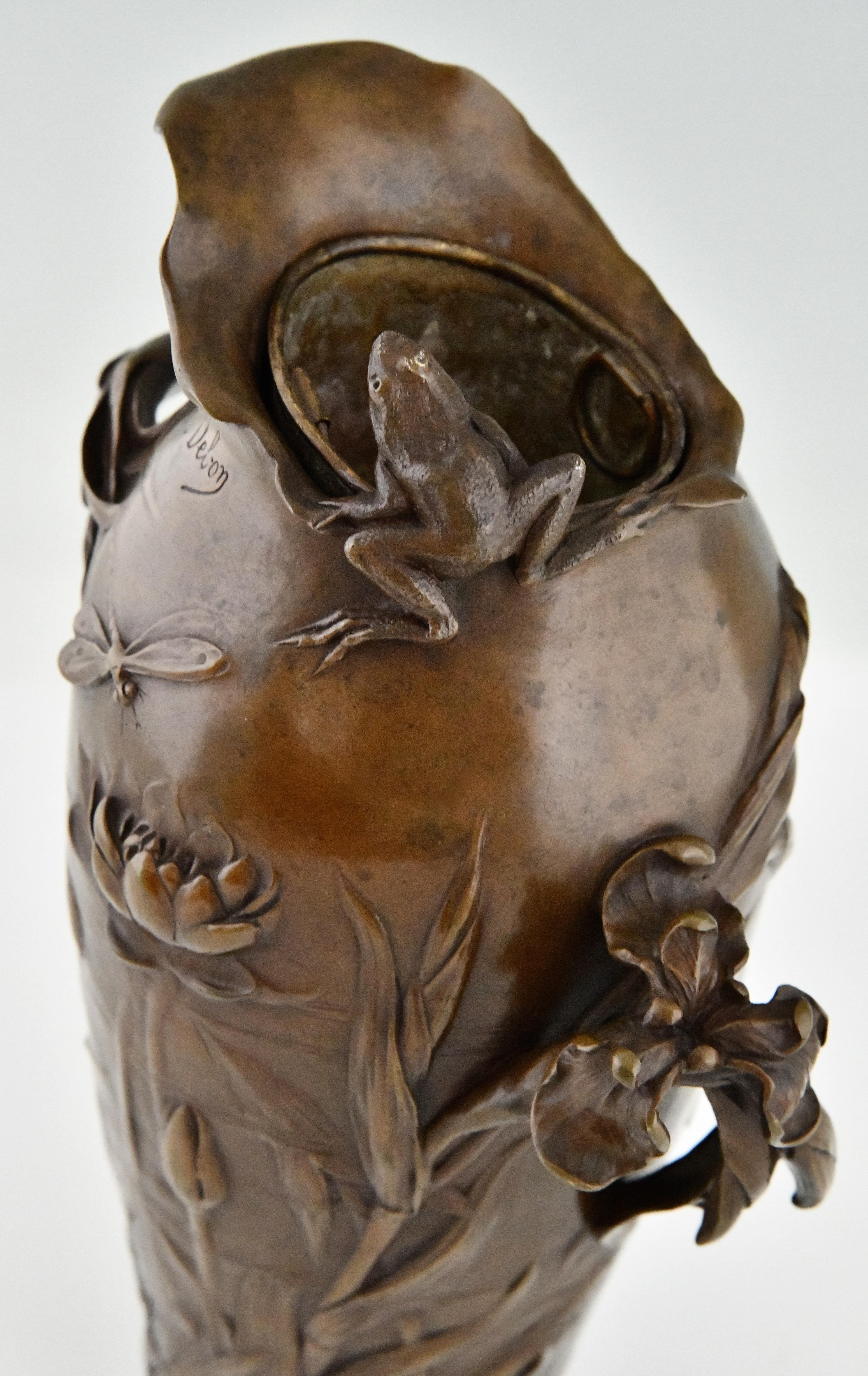 Art Nouveau Bronze Vase by Frederic Debon France 1902 Frog, Flowers En Dragonfly 2