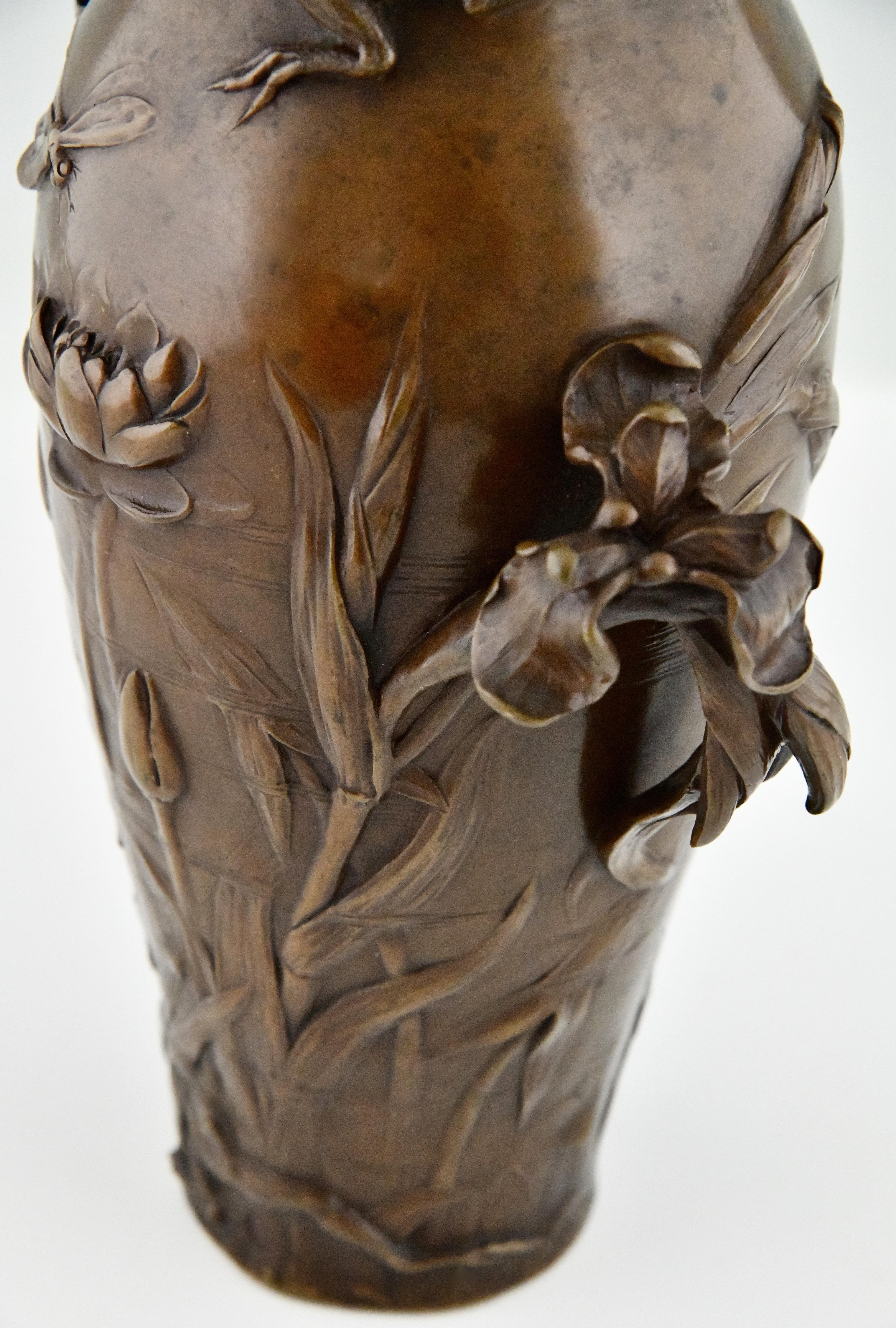 Art Nouveau Bronze Vase by Frederic Debon France 1902 Frog, Flowers En Dragonfly 3