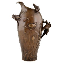 Art Nouveau Bronze Vase by Frederic Debon France 1902 Frog, Flowers En Dragonfly