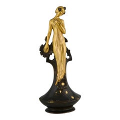 Art Nouveau Bronze Vase Lady with Flowers Charles Korschann, Louchet France 1900