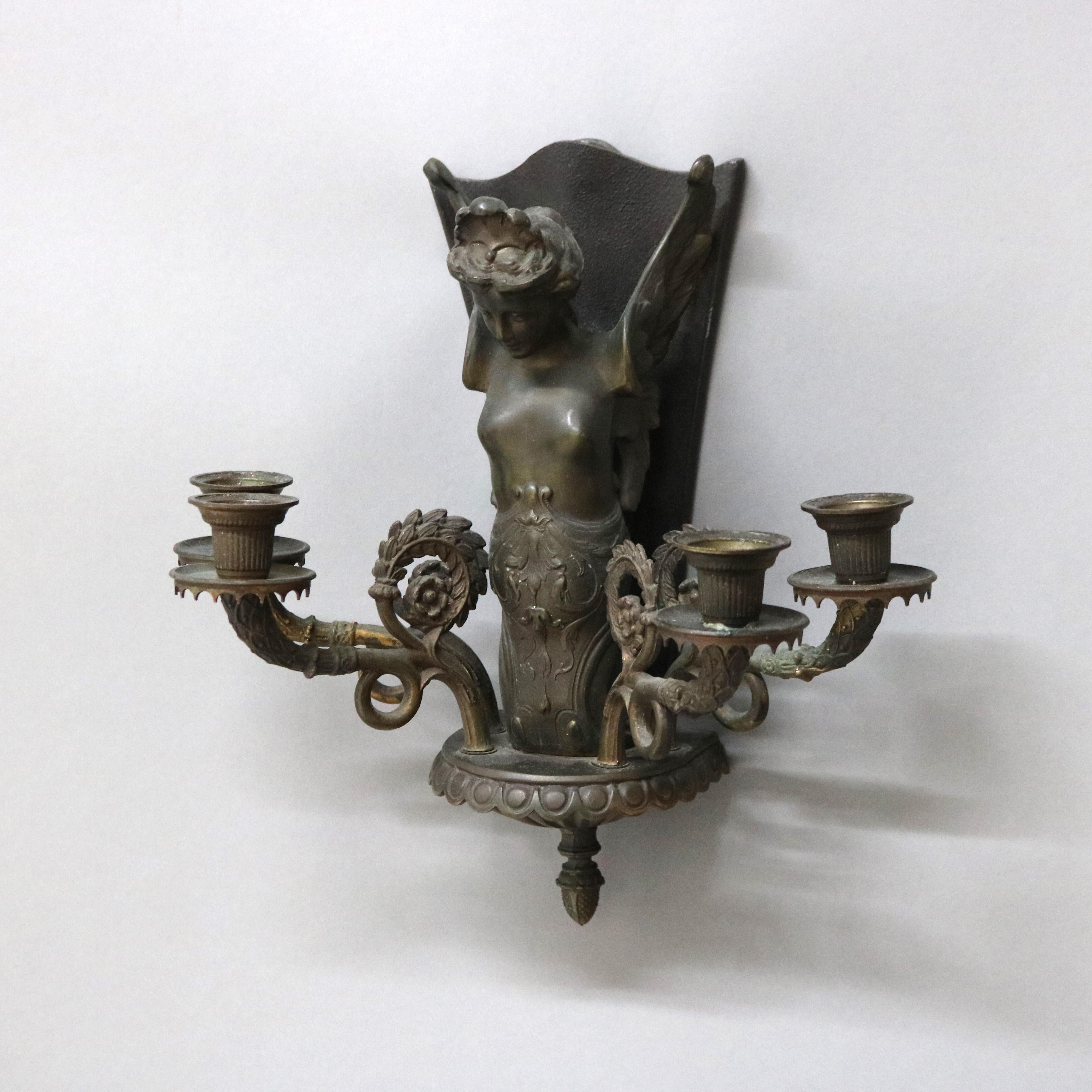 Art Nouveau Bronzed Metal Figural Four-Light Wall Sconce with Woman Figure 20thC In Good Condition In Big Flats, NY