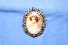 Art Nouveau Brooch in Gold and Silver with Rubies and Central Miniature Painting