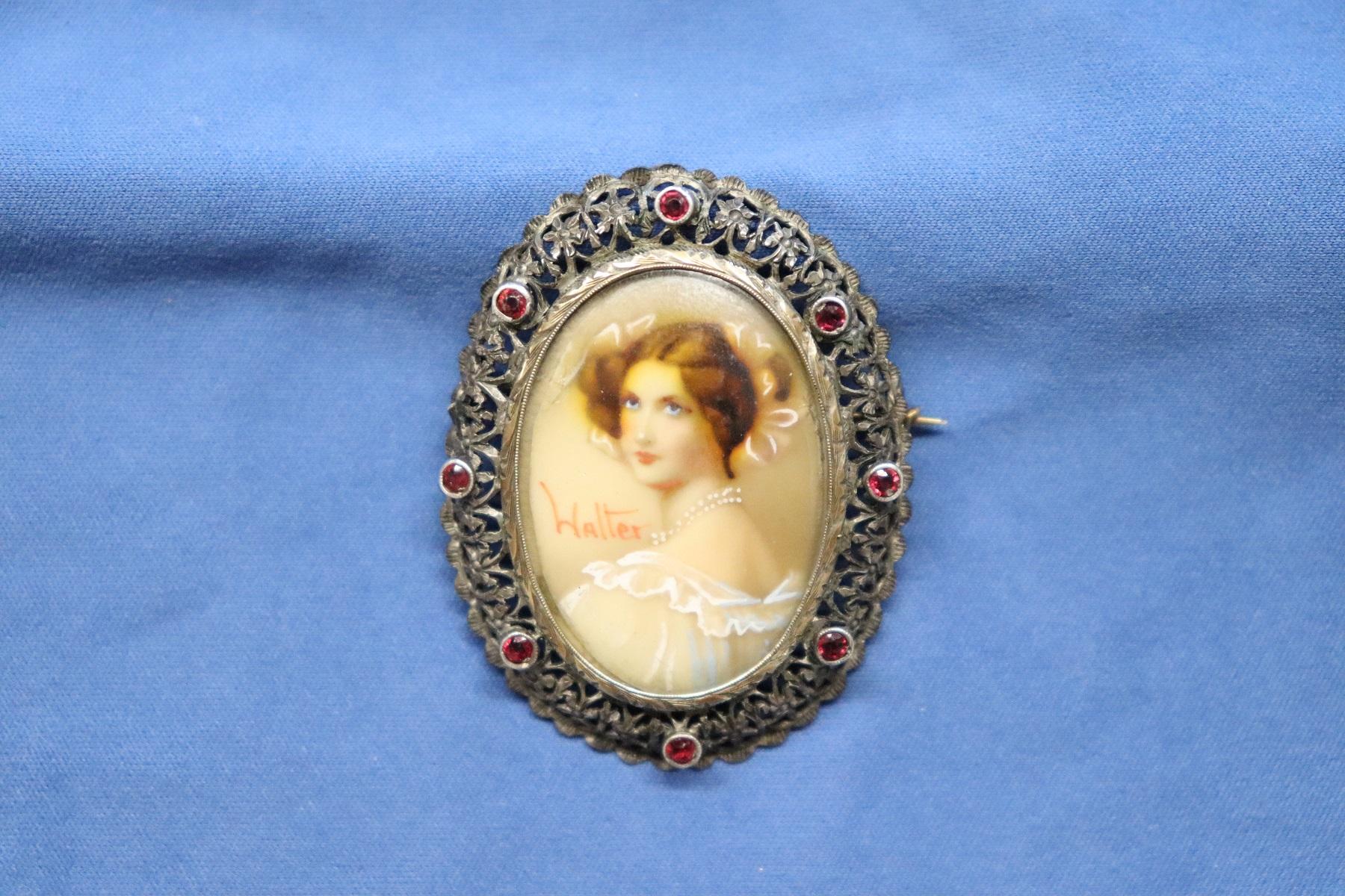 Italian Art Nouveau Brooch in Gold and Silver with Rubies and Central Miniature Painting
