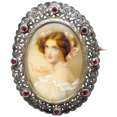 Art Nouveau Brooch in Gold and Silver with Rubies and Central Miniature Painting