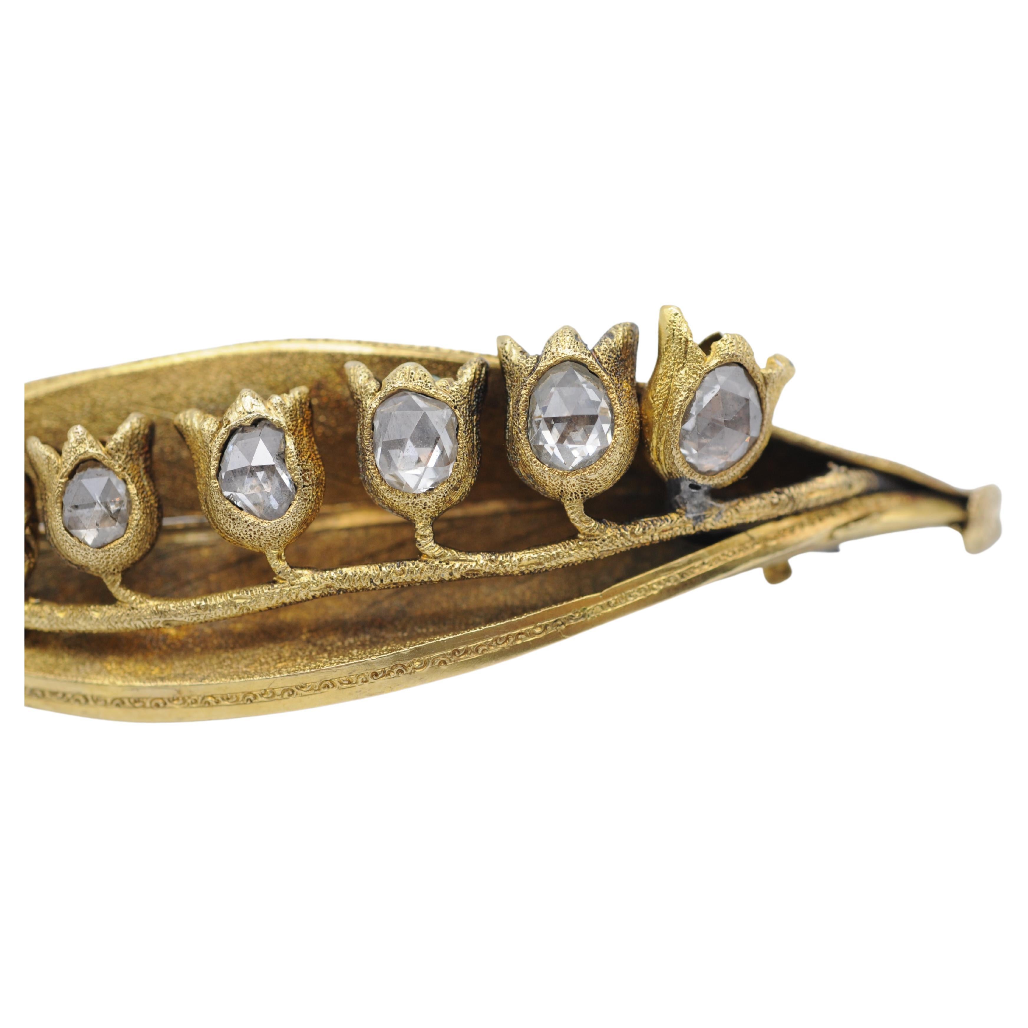 Women's or Men's  Art Nouveau Brooch  with diamonds in rose cut 14K Yellow Gold  For Sale