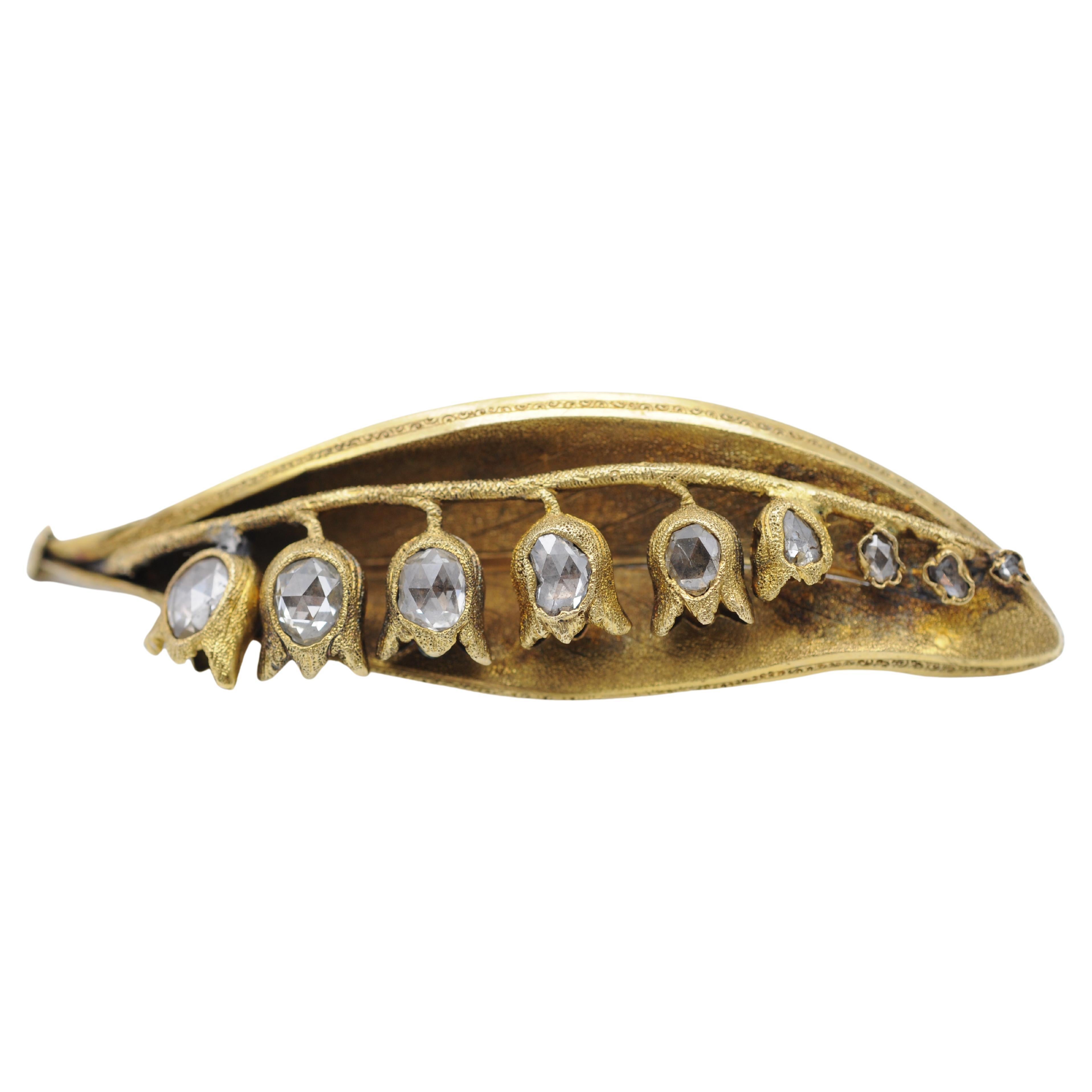  Broche Art Nouveau  Avec diamants en or jaune 14 carats taillé en rose  Unisexe en vente