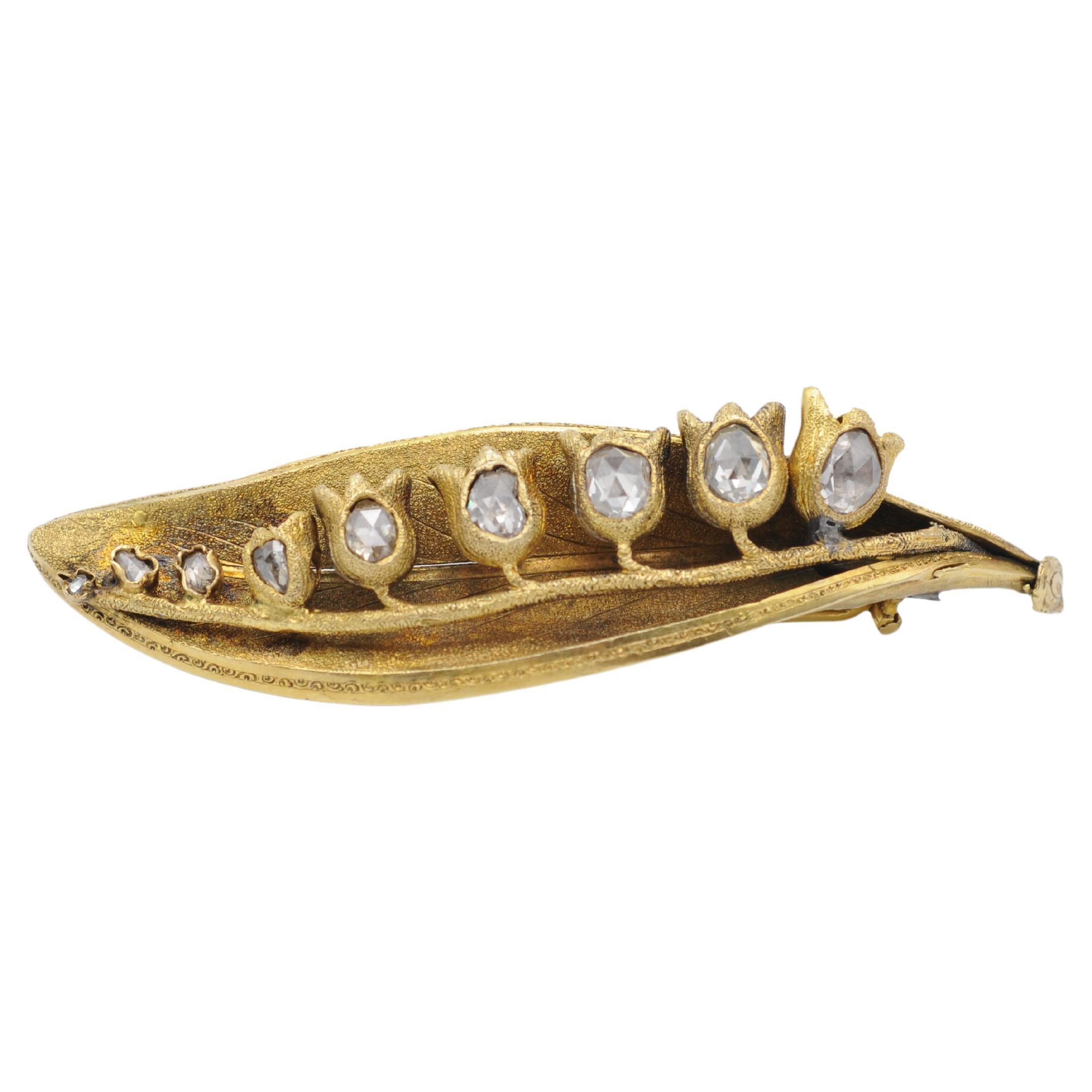  Art Nouveau Brooch  with diamonds in rose cut 14K Yellow Gold  For Sale