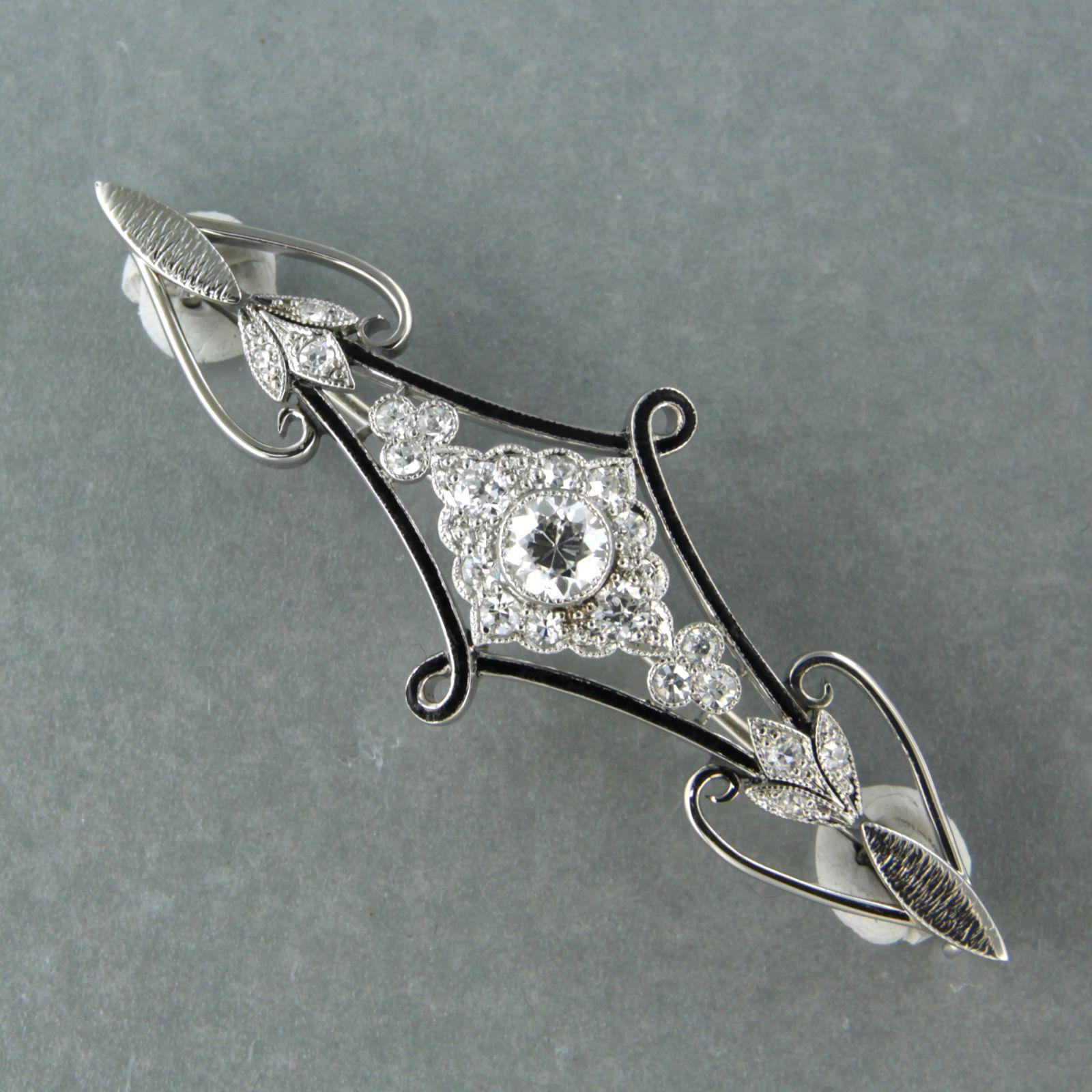 Art Nouveau ART NOUVEAU brooch with enamal and old European cut diamonds 1.00ct 14k gold For Sale
