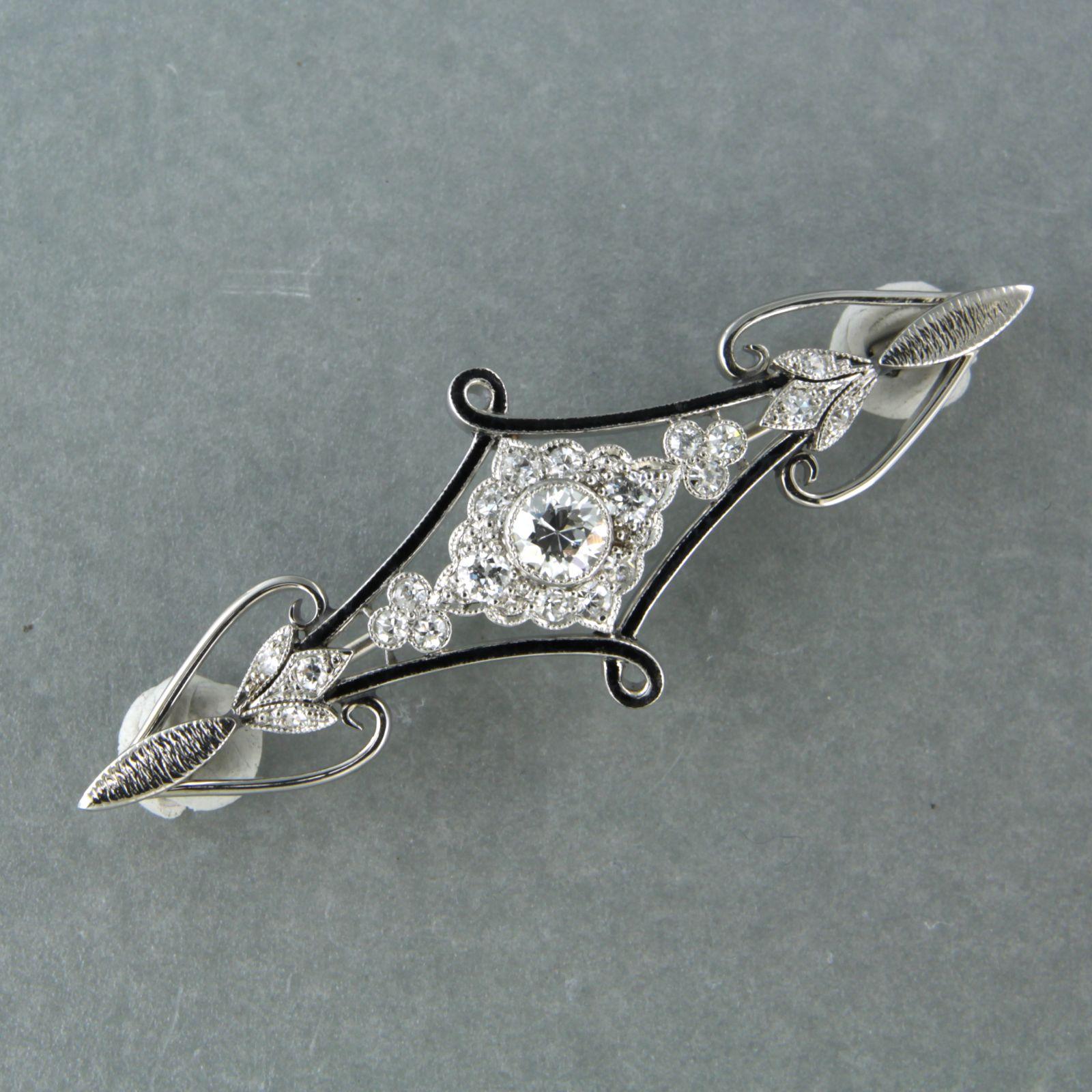 Old European Cut ART NOUVEAU brooch with enamal and old European cut diamonds 1.00ct 14k gold For Sale