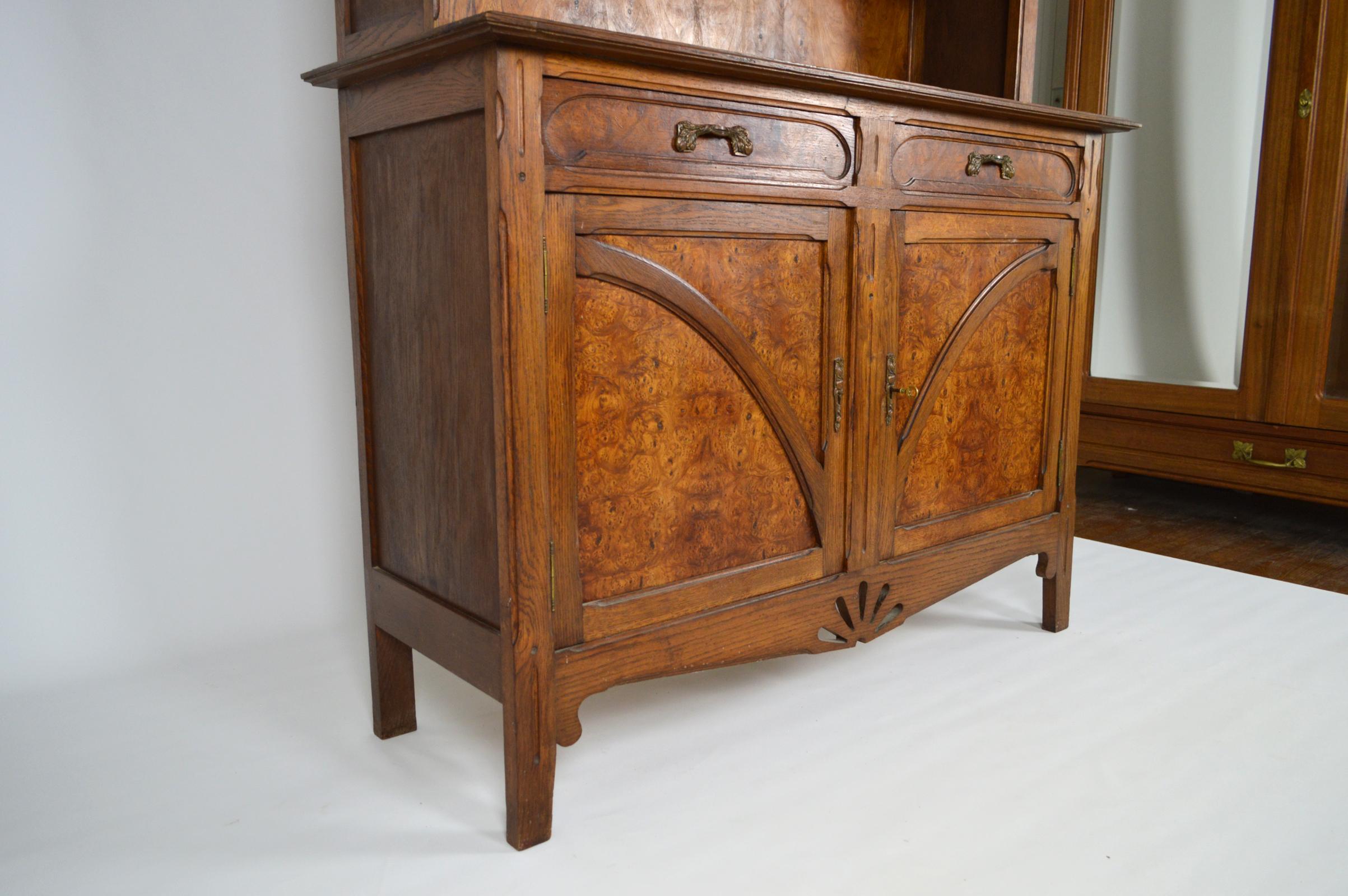 French Art Nouveau Buffet/Cabinet, Oak and Elm Burl, 