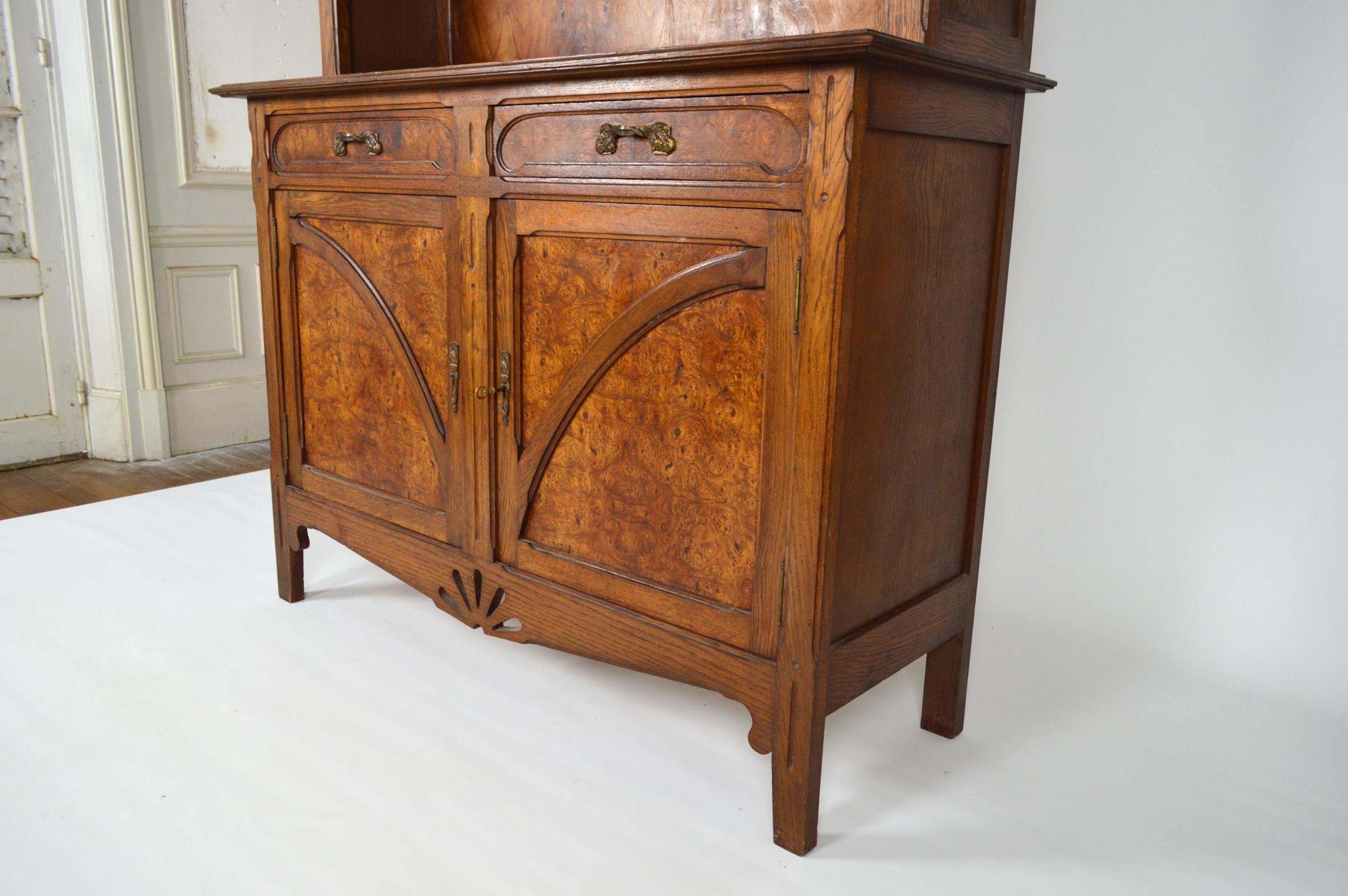 Carved Art Nouveau Buffet/Cabinet, Oak and Elm Burl, 