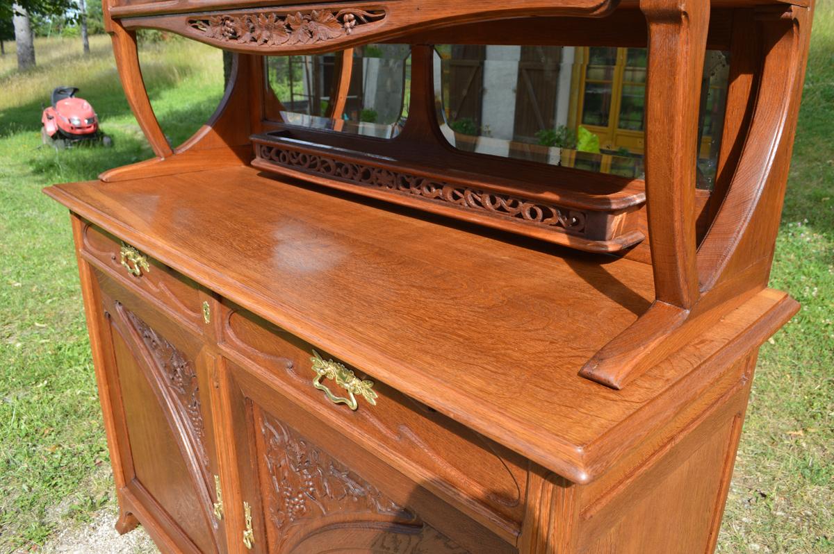 Brass Art Nouveau Buffet in Carved Chestnut Wood by Edouard Diot, circa 1900