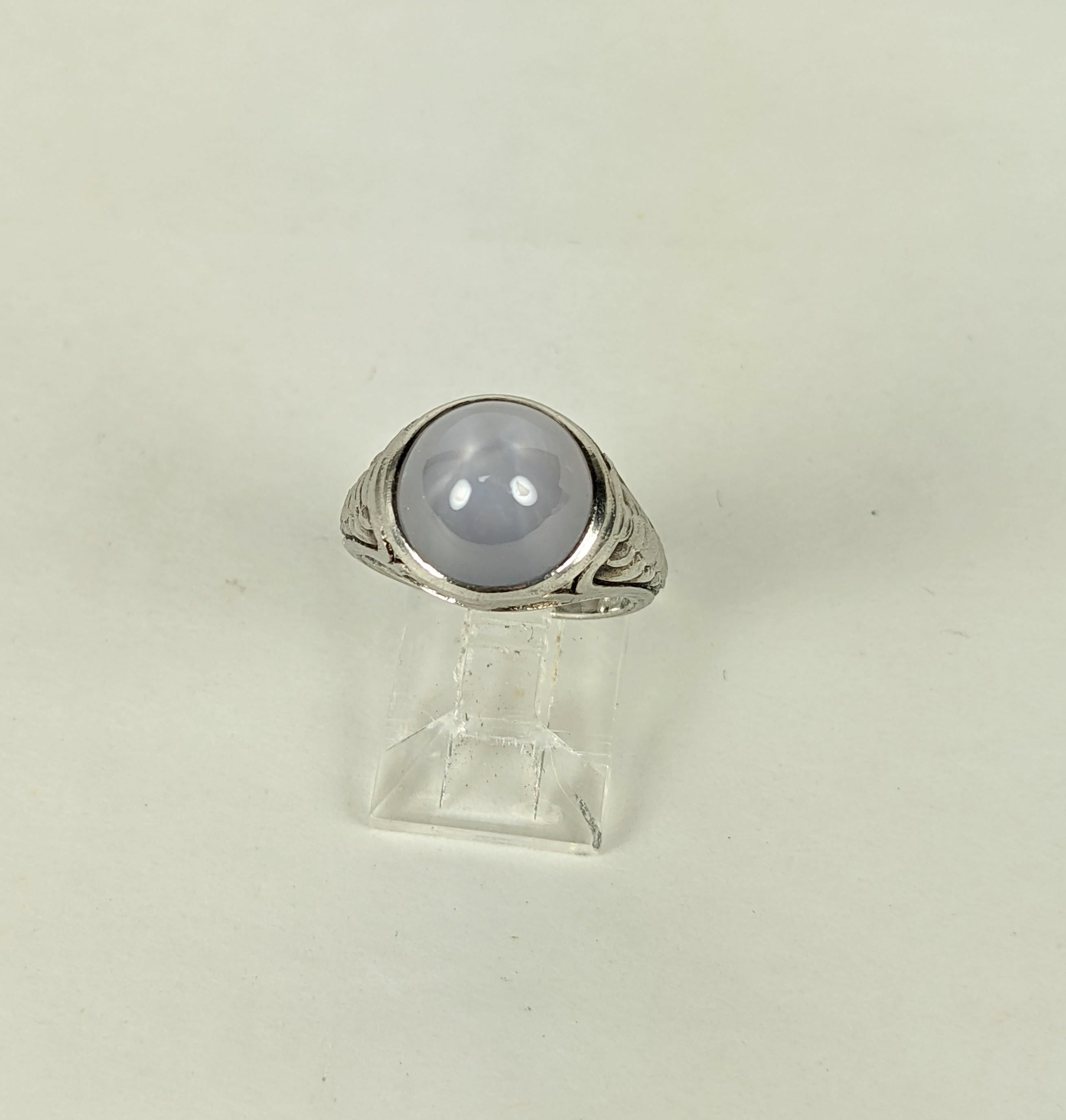 Women's or Men's Art Nouveau Bullet Cab Star Sapphire Platinum Ring For Sale