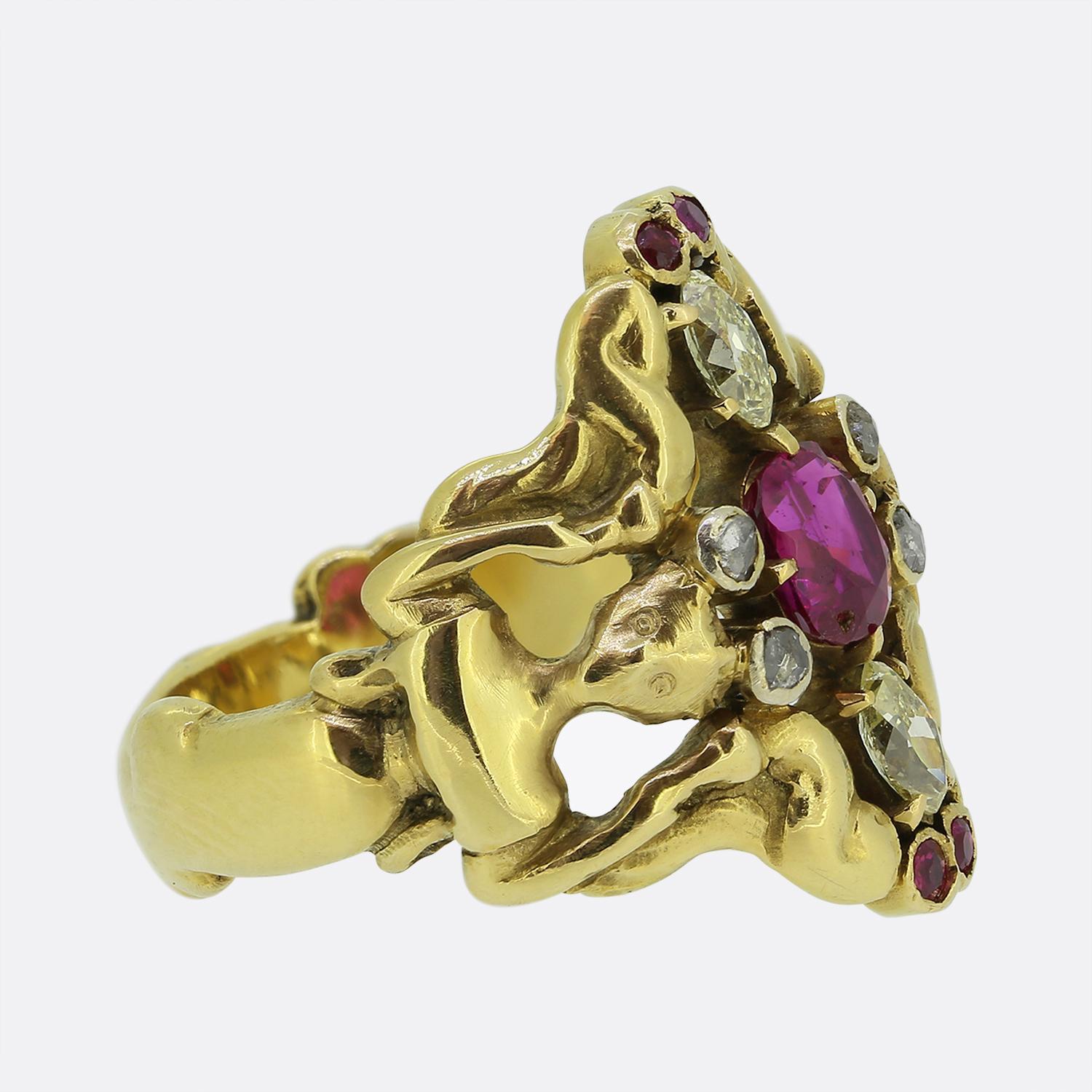 Art Nouveau Burmese Ruby and Diamond Ring Corte oval en venta