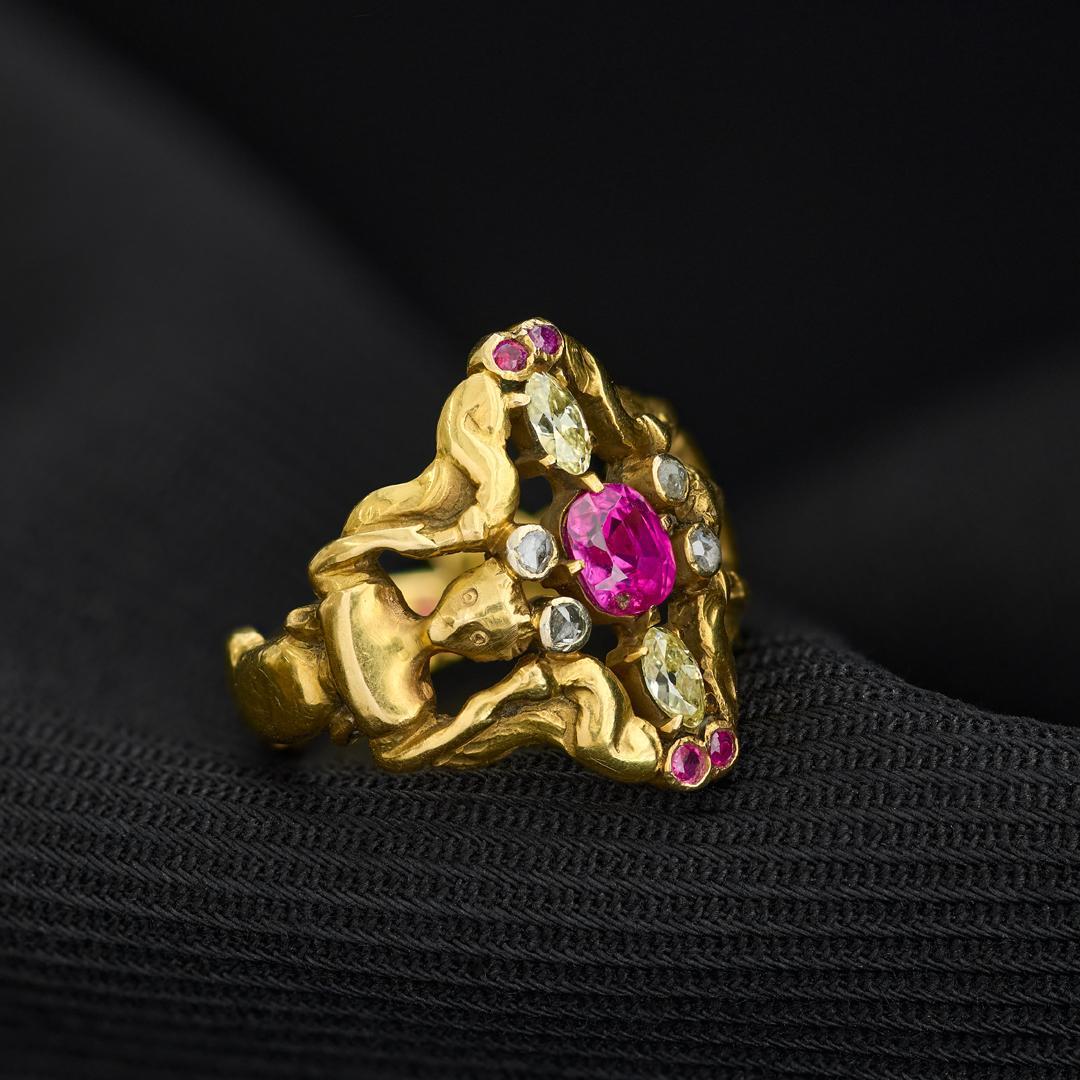 Art Nouveau Burmese Ruby and Diamond Ring en venta 1