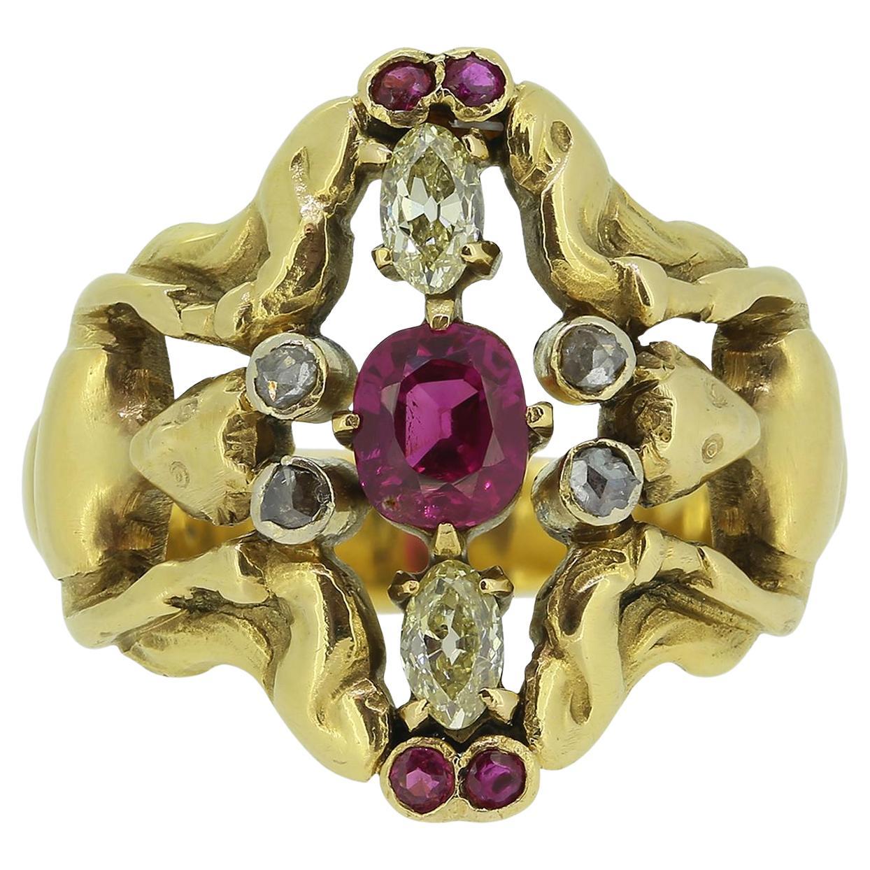 Art Nouveau Burmese Ruby and Diamond Ring