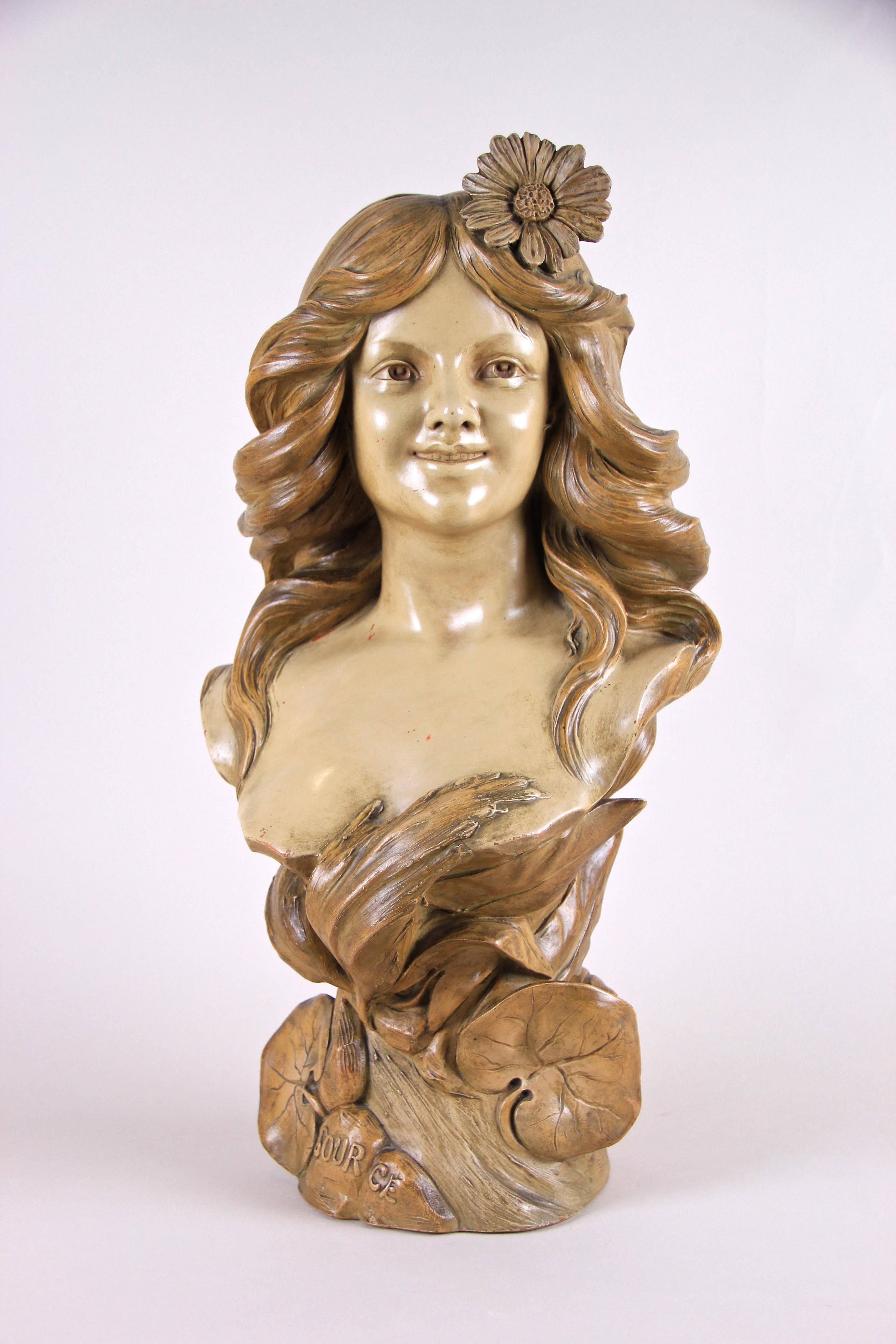 Superb French Art Nouveau Bust by E. Rougier. This beautiful signed sculpture comes from around 1900 and was made out of terra cotta in an outstanding manner. The 